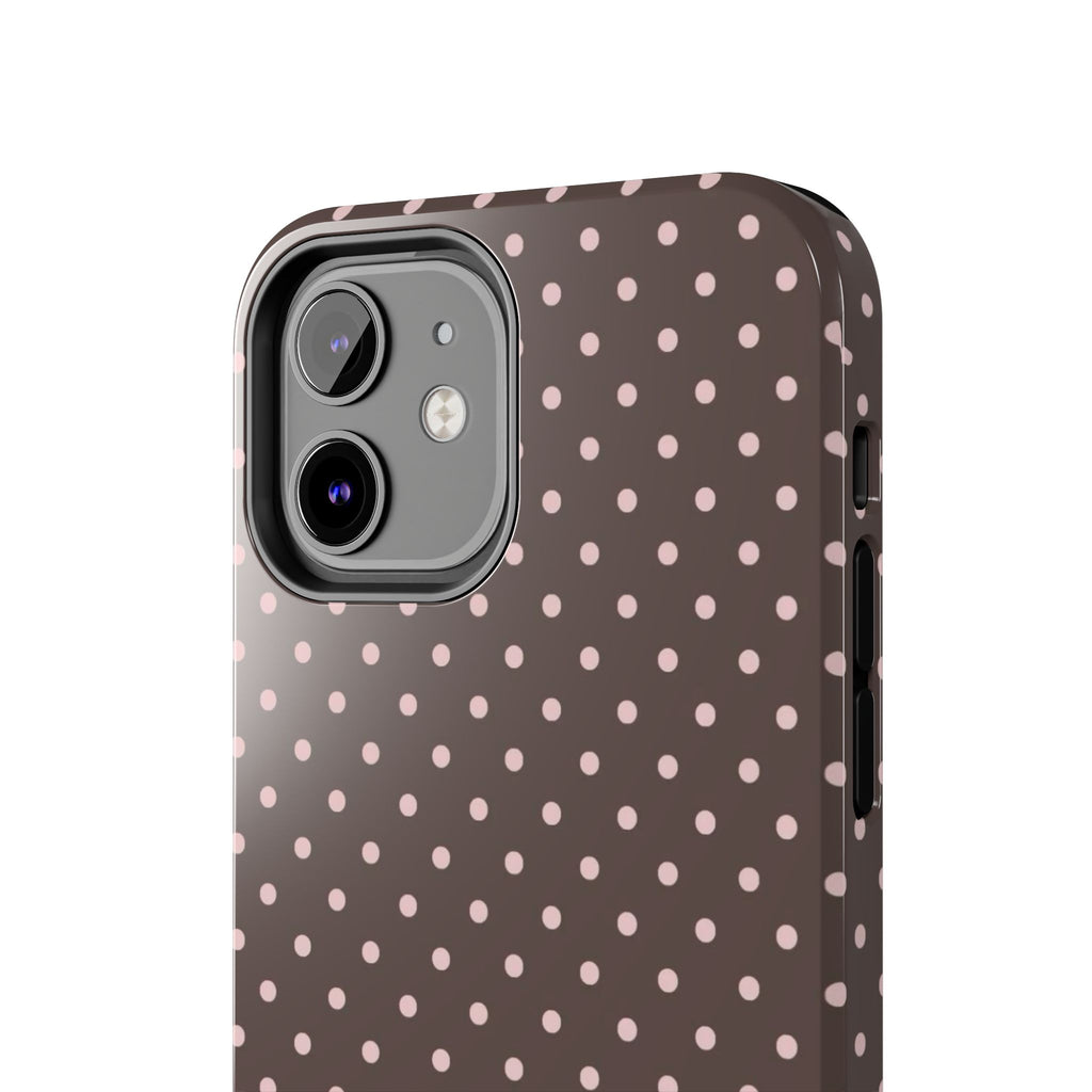 Tough Phone Case — Chocolate Brown with Pale Pink Polka Dots