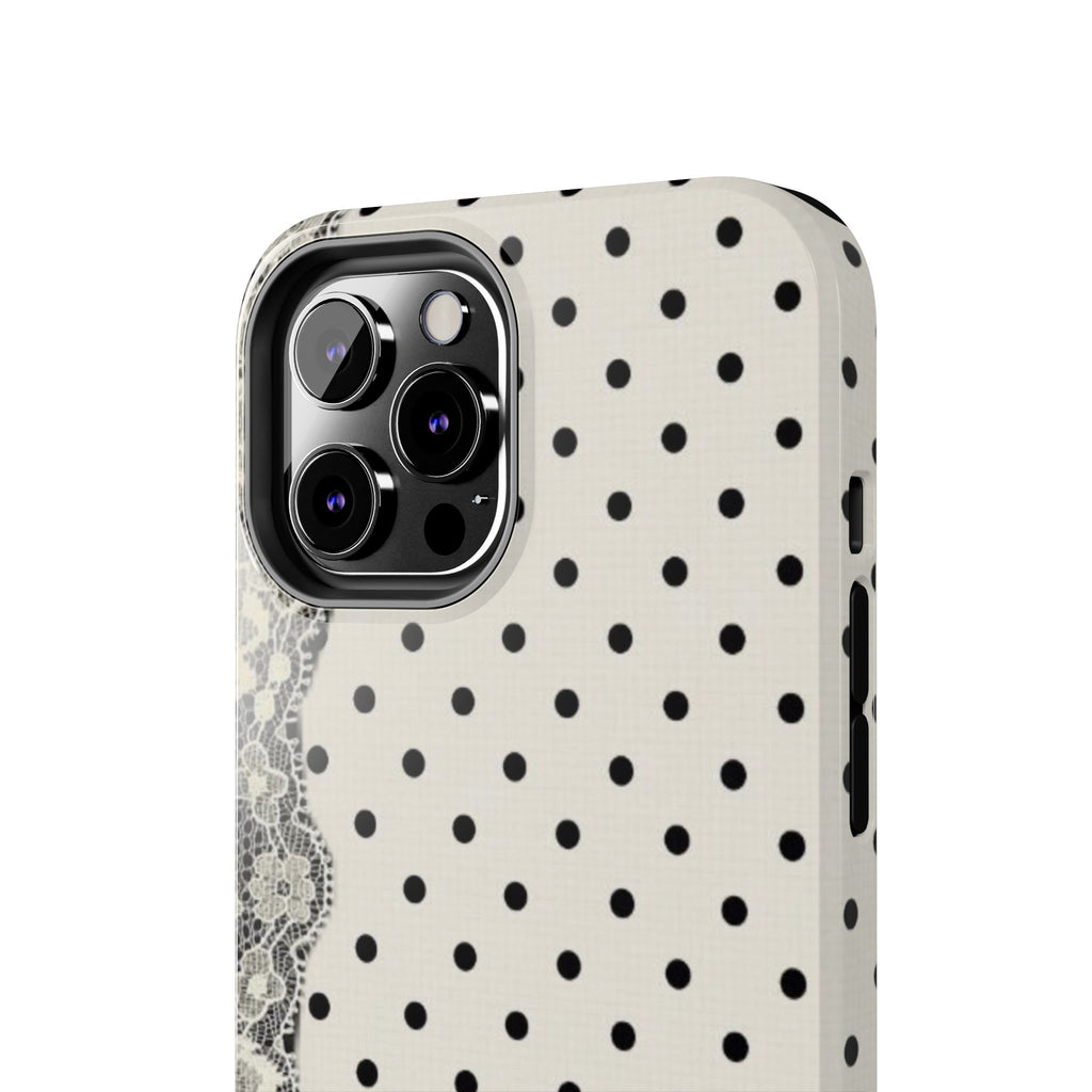 Polka Dot Lace Tough Phone Case – Vintage Black & Ivory Protective Cover