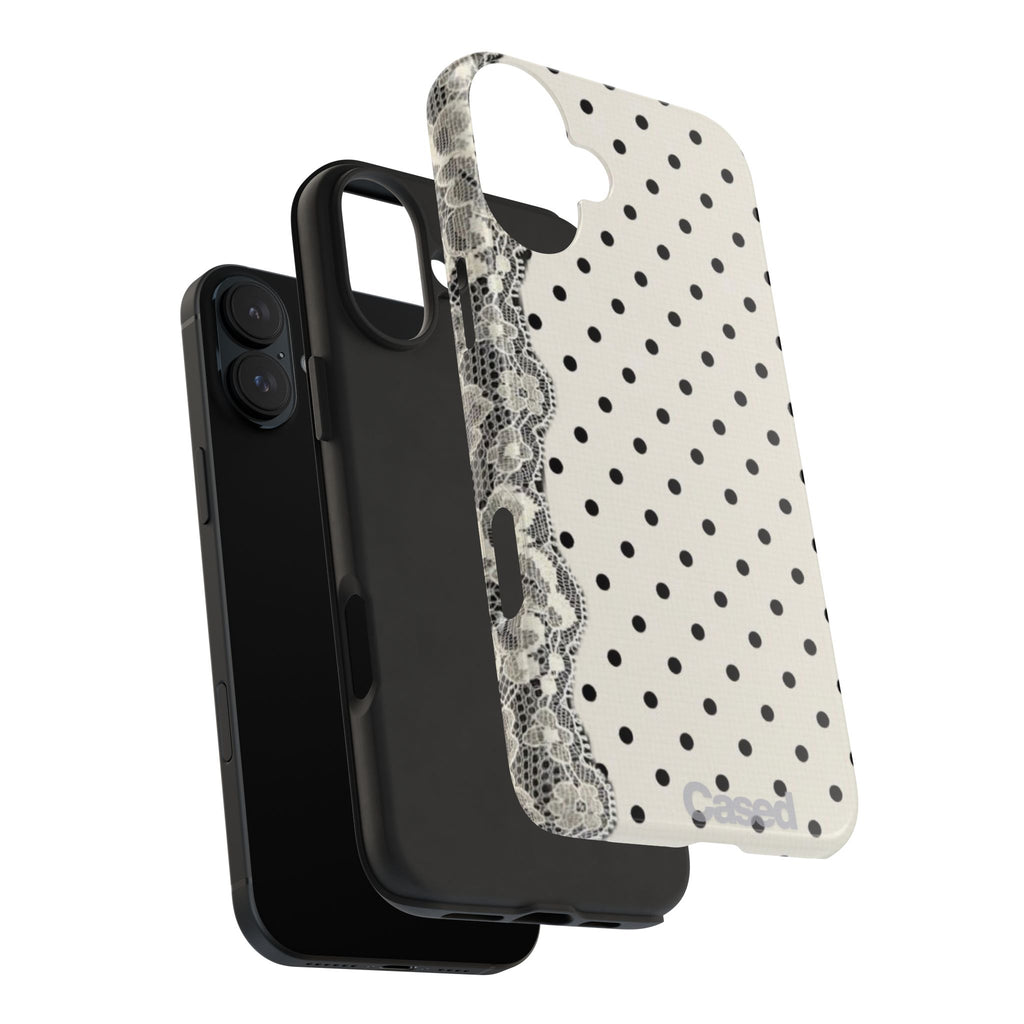 Polka Dot Lace Tough Phone Case – Vintage Black & Ivory Protective Cover