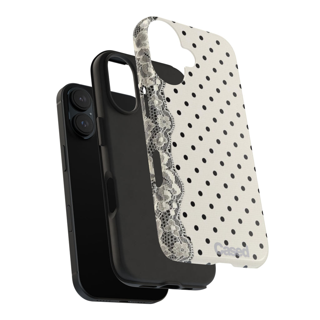 Polka Dot Lace Tough Phone Case – Vintage Black & Ivory Protective Cover