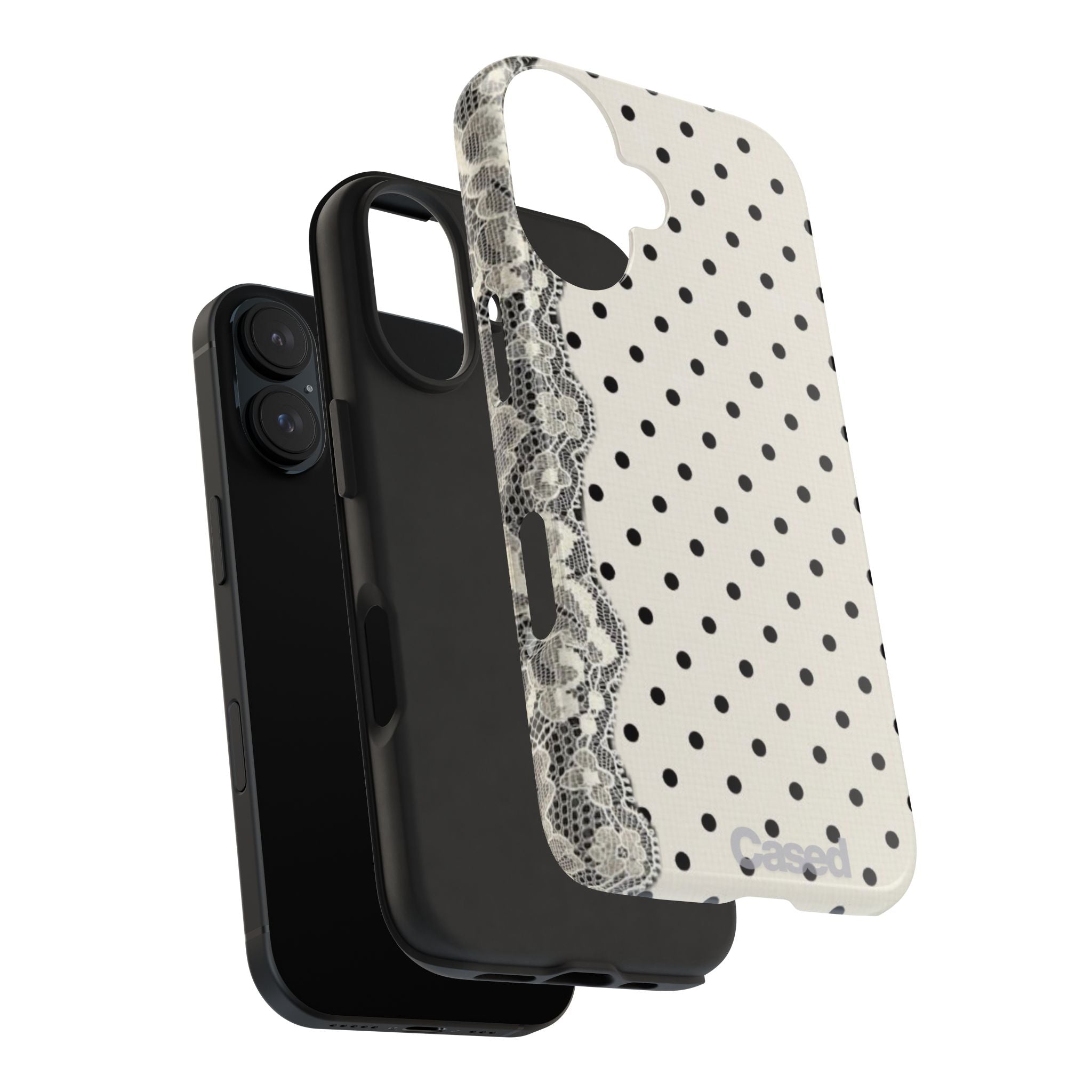Polka Dot Lace Tough Phone Case – Vintage Black & Ivory Protective Cover