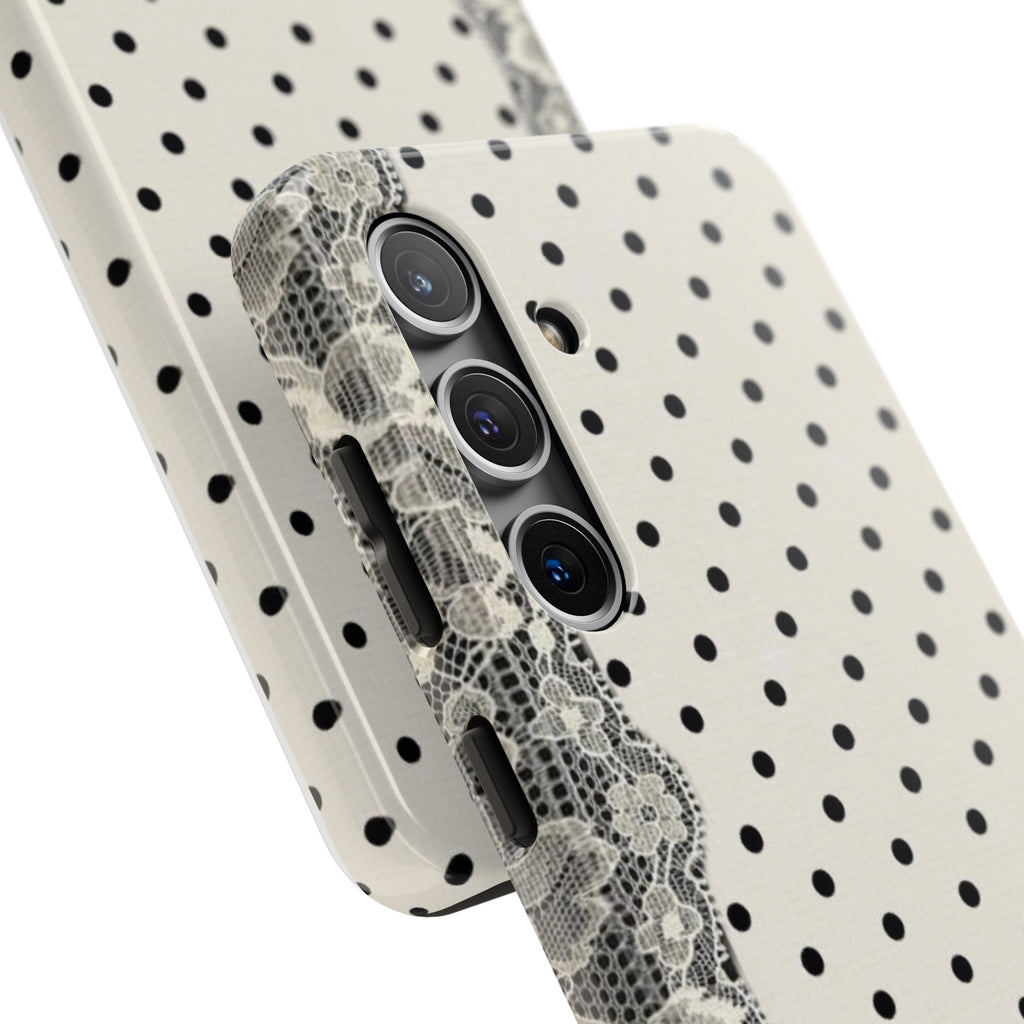 Polka Dot Lace Tough Phone Case – Vintage Black & Ivory Protective Cover