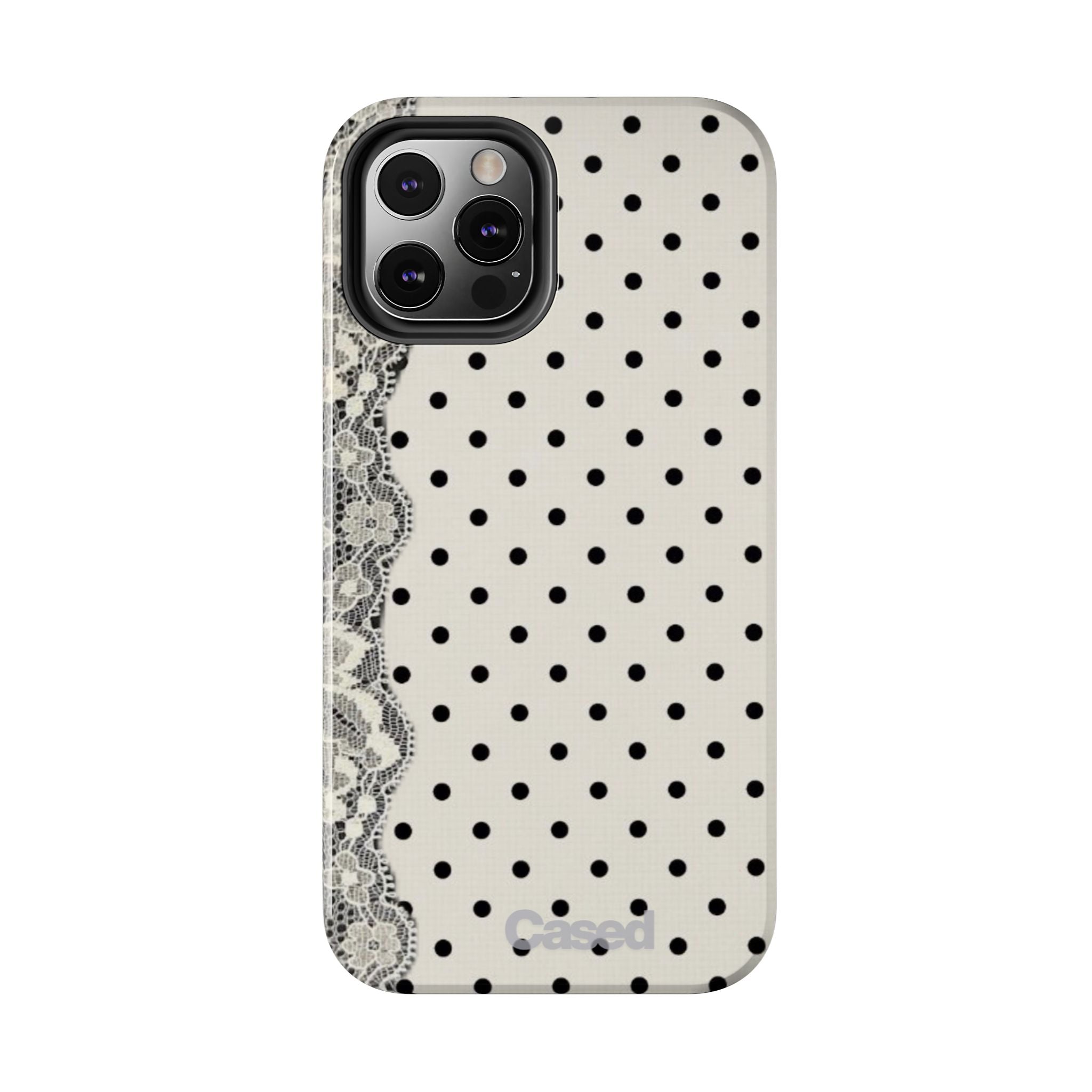 Polka Dot Lace Tough Phone Case – Vintage Black & Ivory Protective Cover