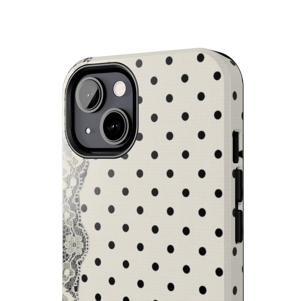 Polka Dot Lace Tough Phone Case – Vintage Black & Ivory Protective Cover