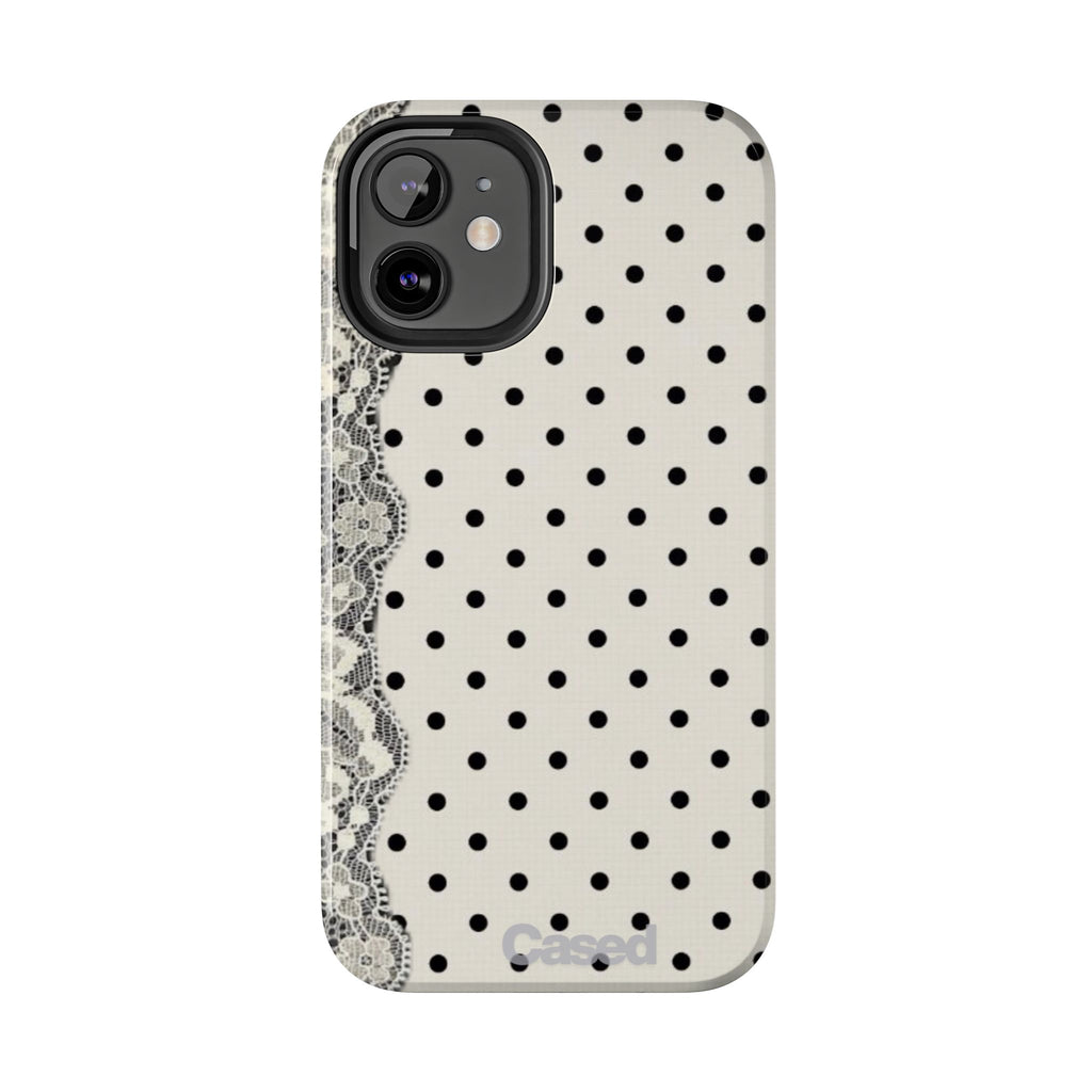 Polka Dot Lace Tough Phone Case – Vintage Black & Ivory Protective Cover
