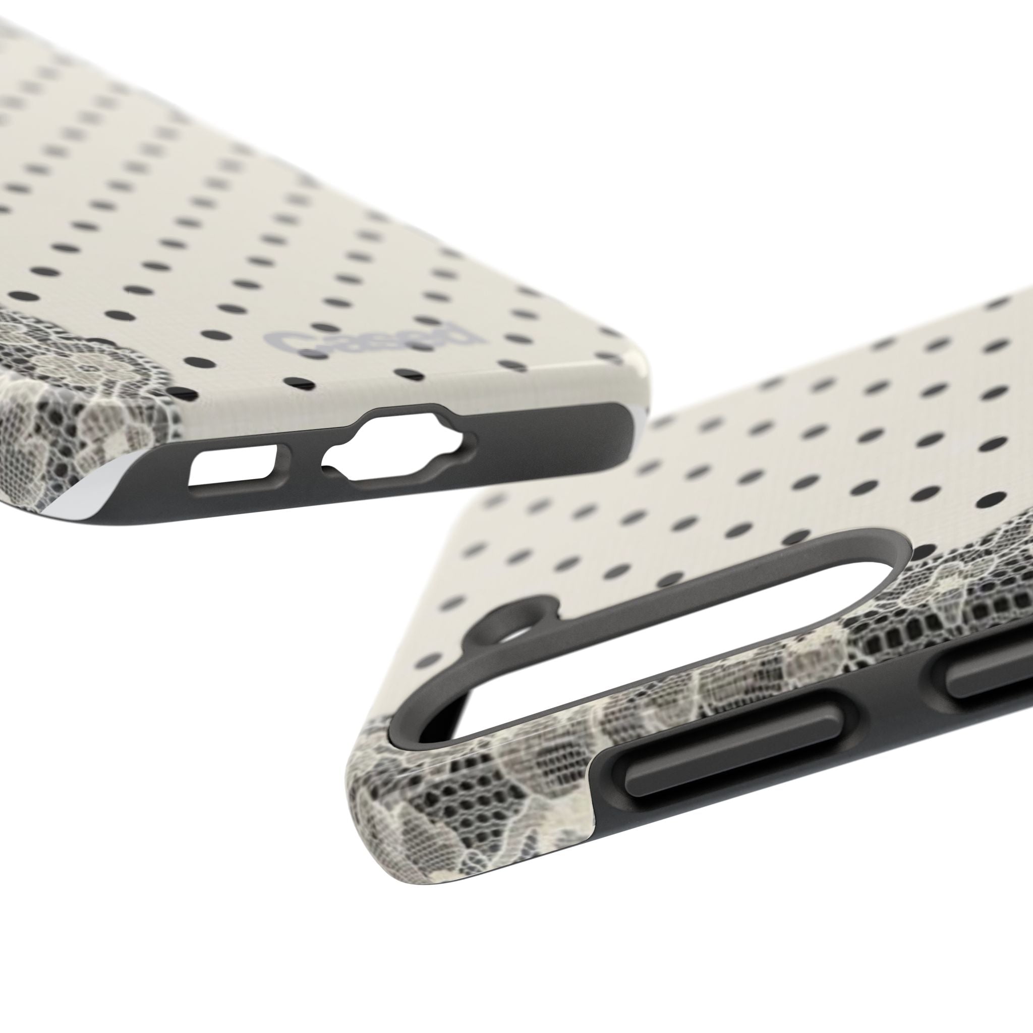 Polka Dot Lace Tough Phone Case – Vintage Black & Ivory Protective Cover