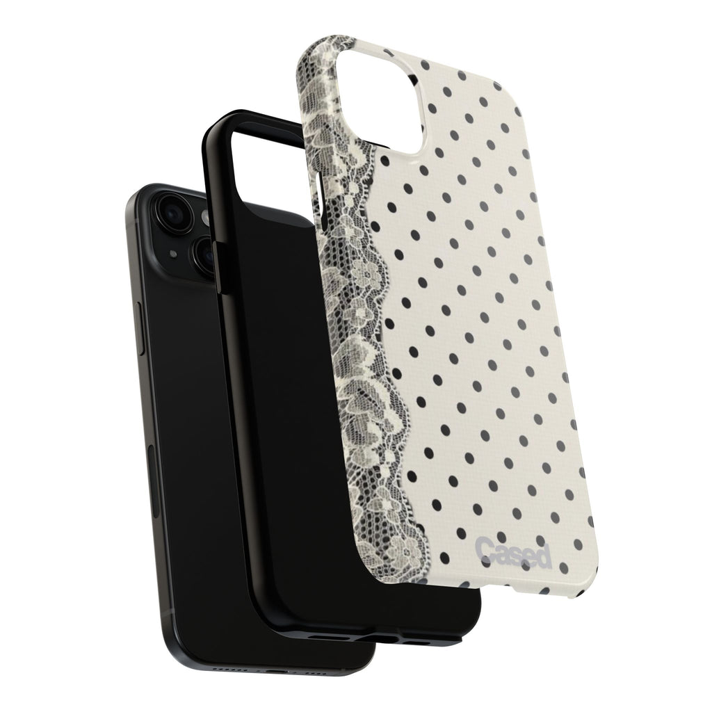 Polka Dot Lace Tough Phone Case – Vintage Black & Ivory Protective Cover