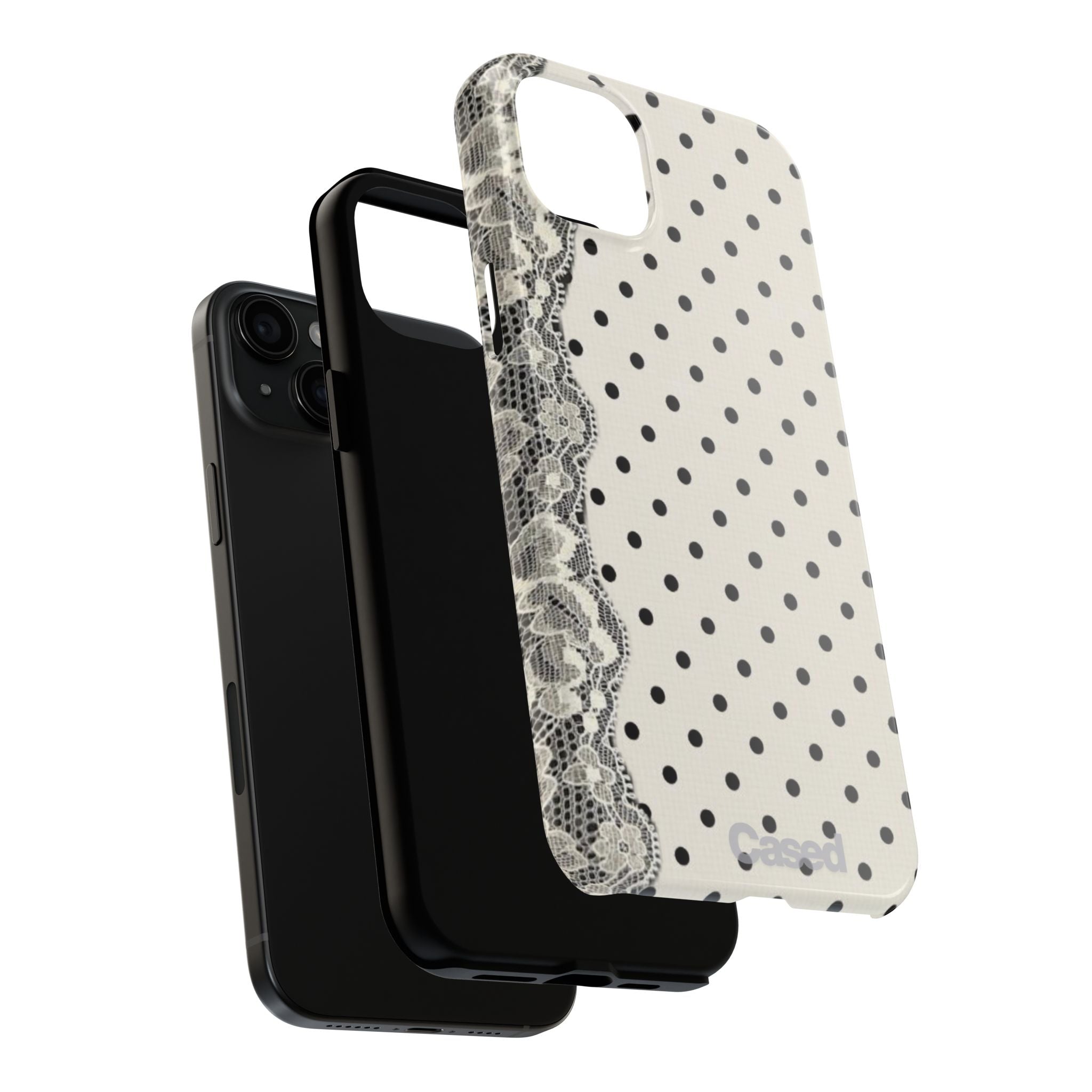 Polka Dot Lace Tough Phone Case – Vintage Black & Ivory Protective Cover