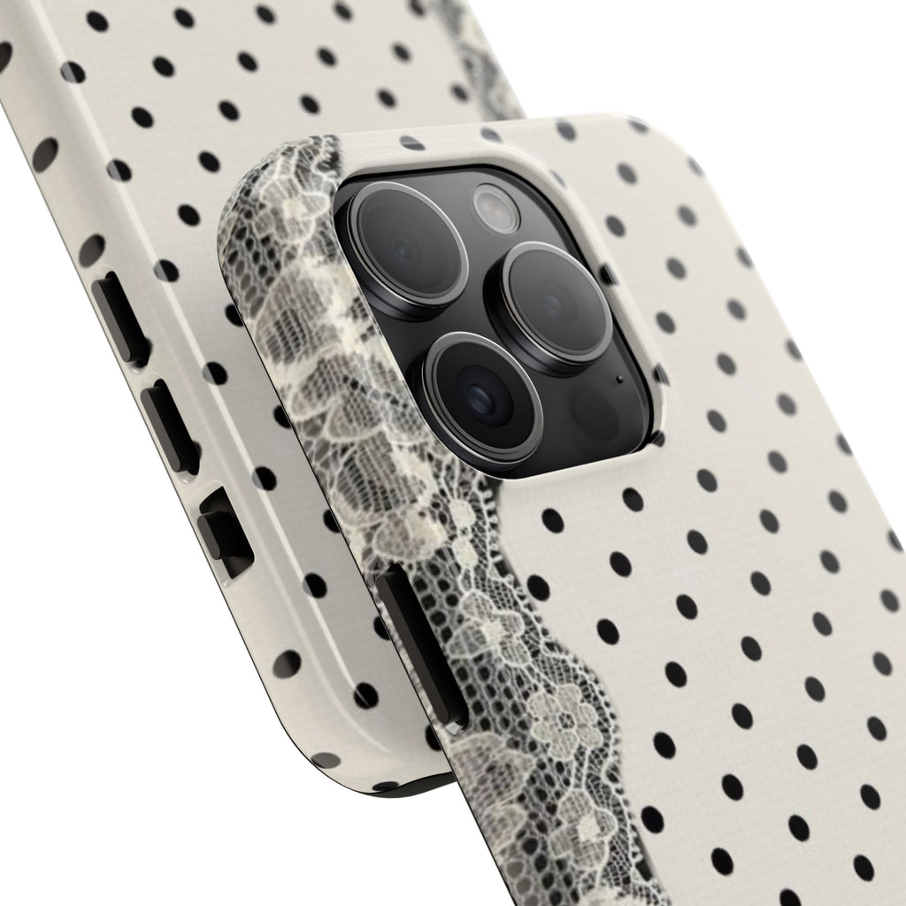 Polka Dot Lace Tough Phone Case – Vintage Black & Ivory Protective Cover