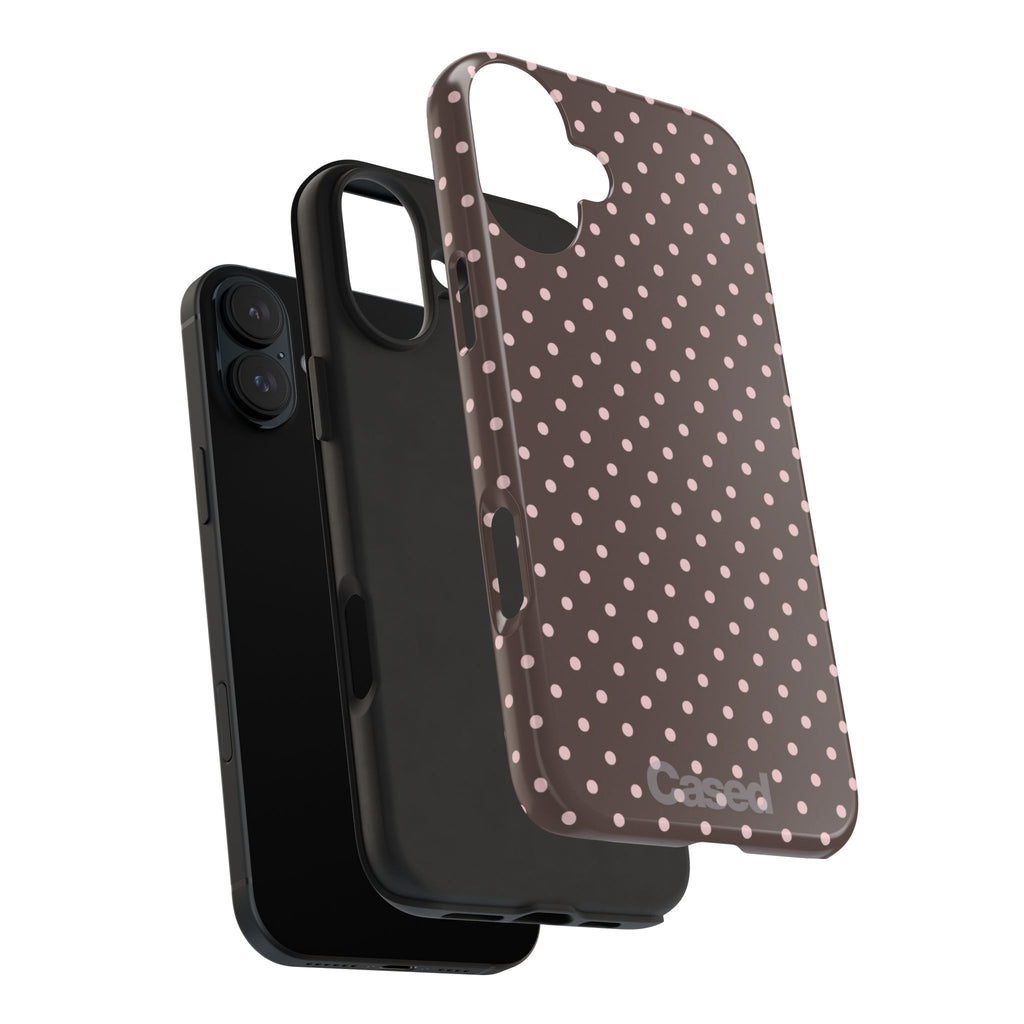 Tough Phone Case — Chocolate Brown with Pale Pink Polka Dots