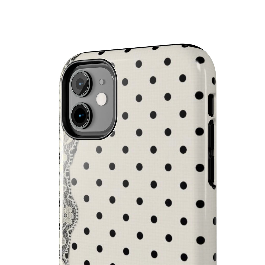 Polka Dot Lace Tough Phone Case – Vintage Black & Ivory Protective Cover