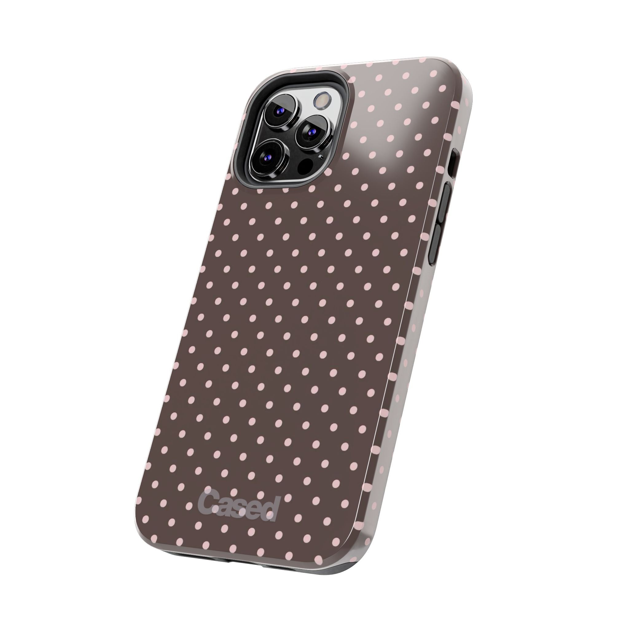 Tough Phone Case — Chocolate Brown with Pale Pink Polka Dots