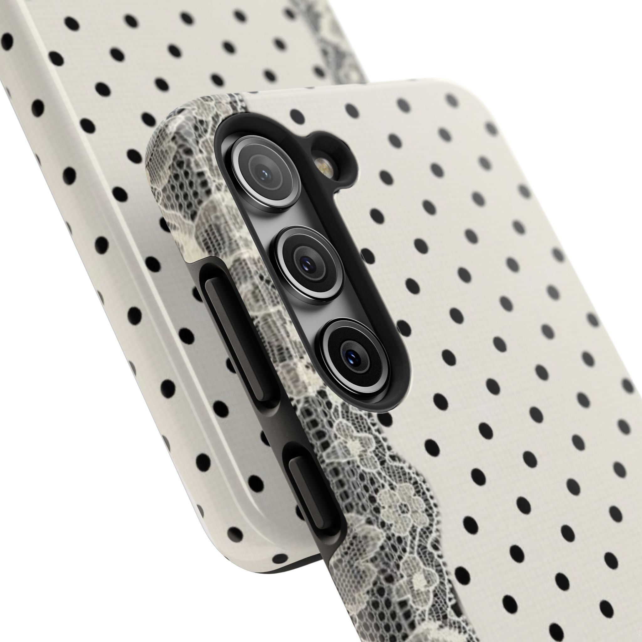 Polka Dot Lace Tough Phone Case – Vintage Black & Ivory Protective Cover