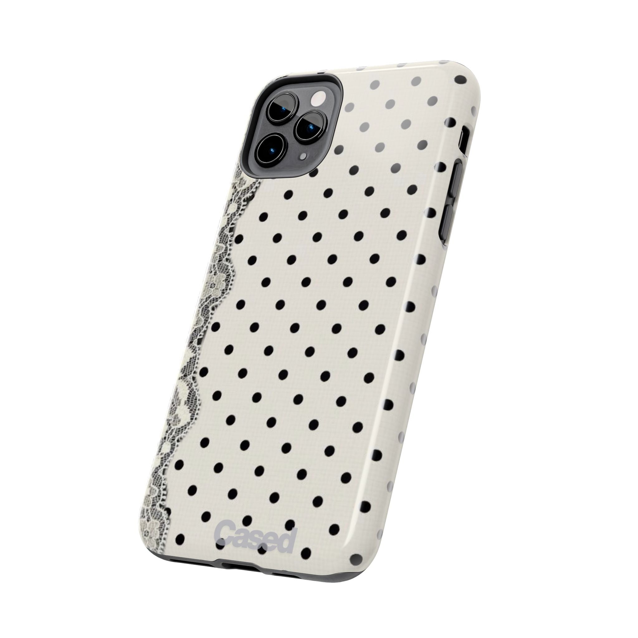 Polka Dot Lace Tough Phone Case – Vintage Black & Ivory Protective Cover