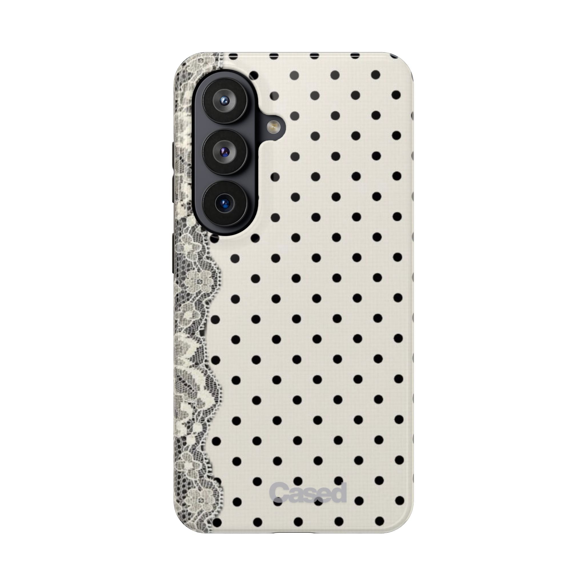 Polka Dot Lace Tough Phone Case – Vintage Black & Ivory Protective Cover