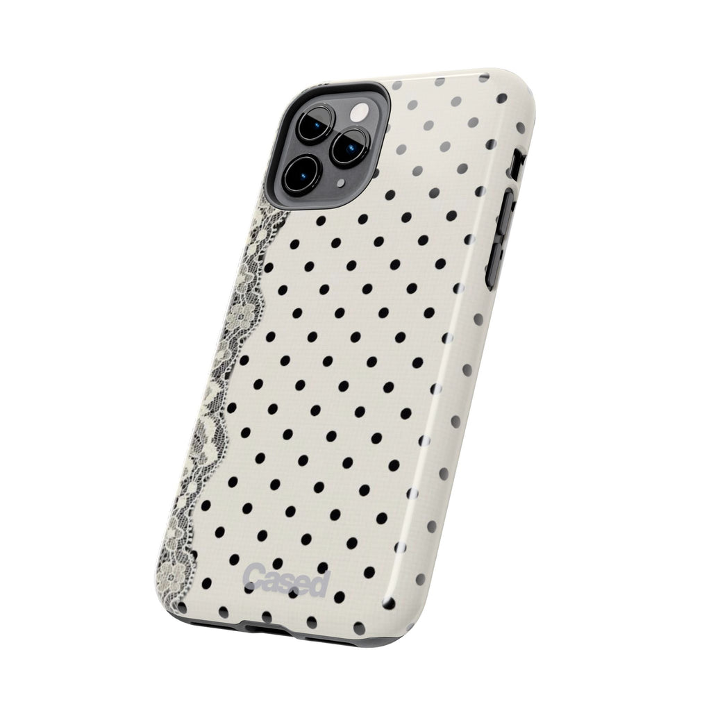 Polka Dot Lace Tough Phone Case – Vintage Black & Ivory Protective Cover