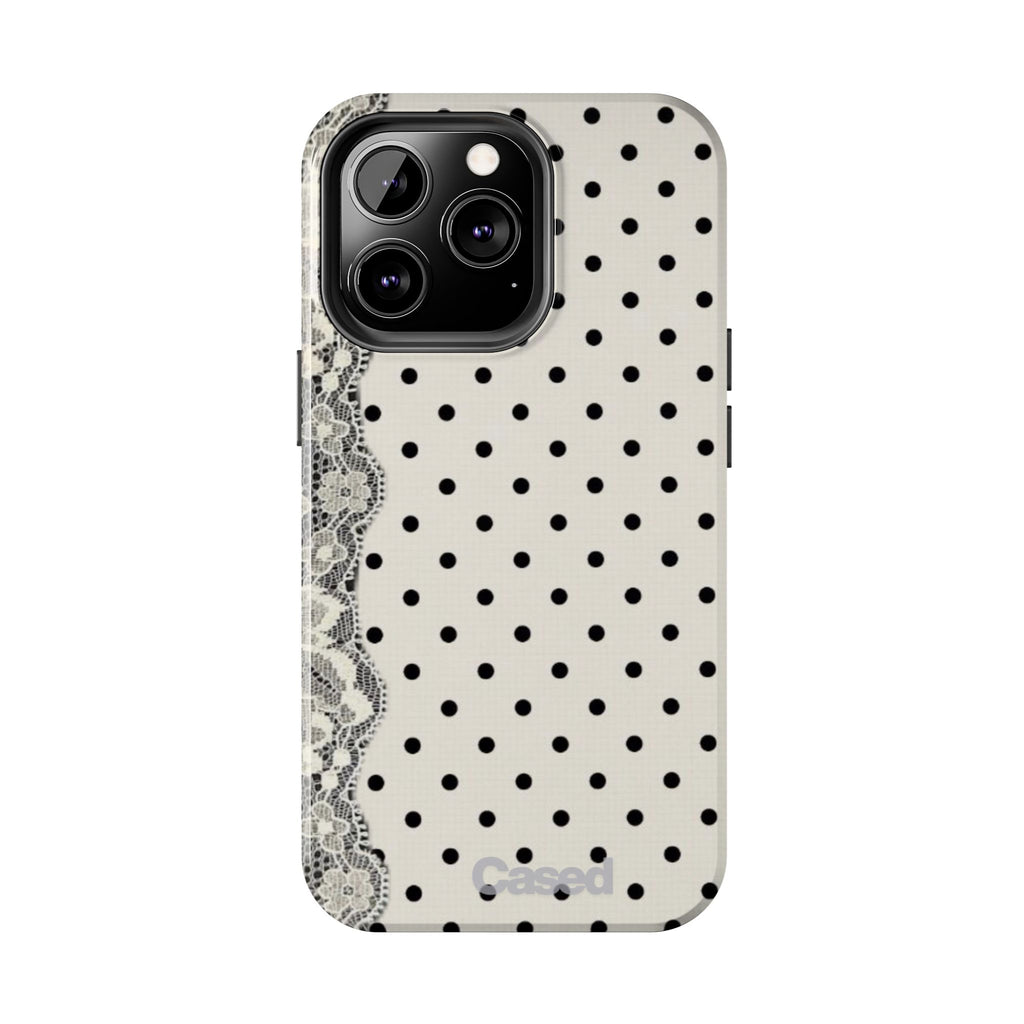 Polka Dot Lace Tough Phone Case – Vintage Black & Ivory Protective Cover