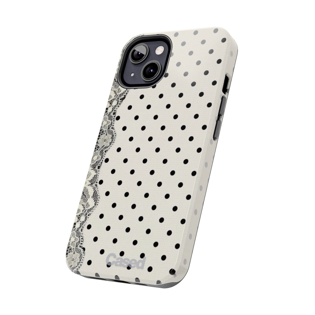 Polka Dot Lace Tough Phone Case – Vintage Black & Ivory Protective Cover