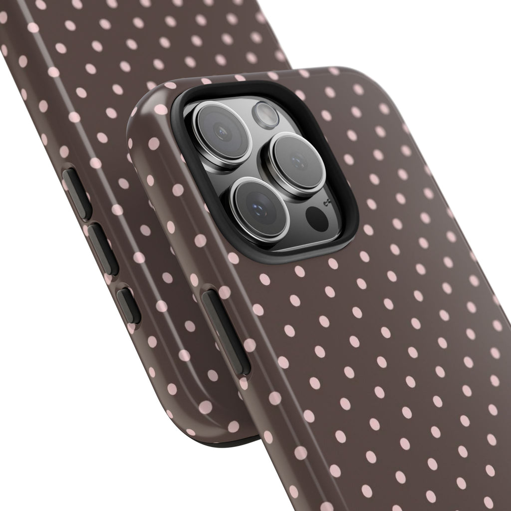 Tough Phone Case — Chocolate Brown with Pale Pink Polka Dots