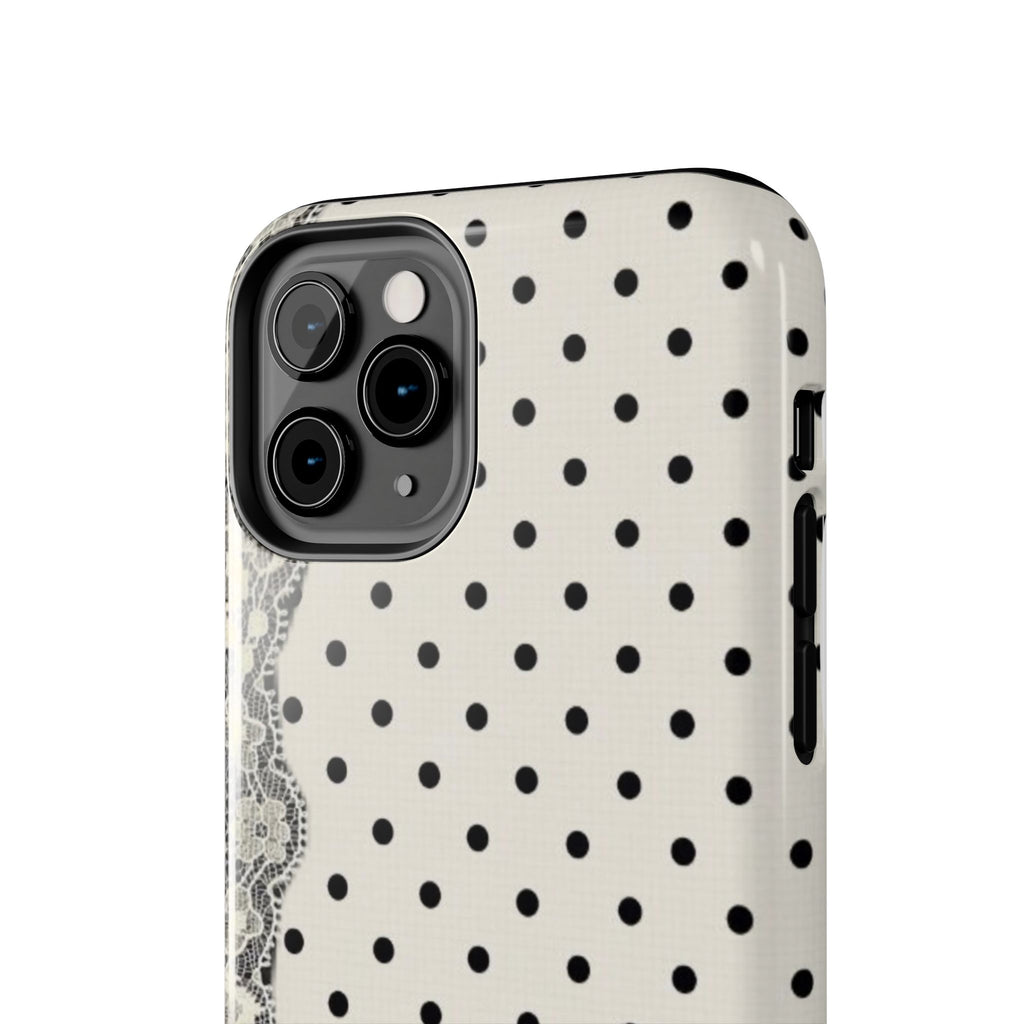 Polka Dot Lace Tough Phone Case – Vintage Black & Ivory Protective Cover