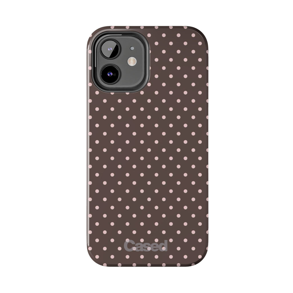 Tough Phone Case — Chocolate Brown with Pale Pink Polka Dots