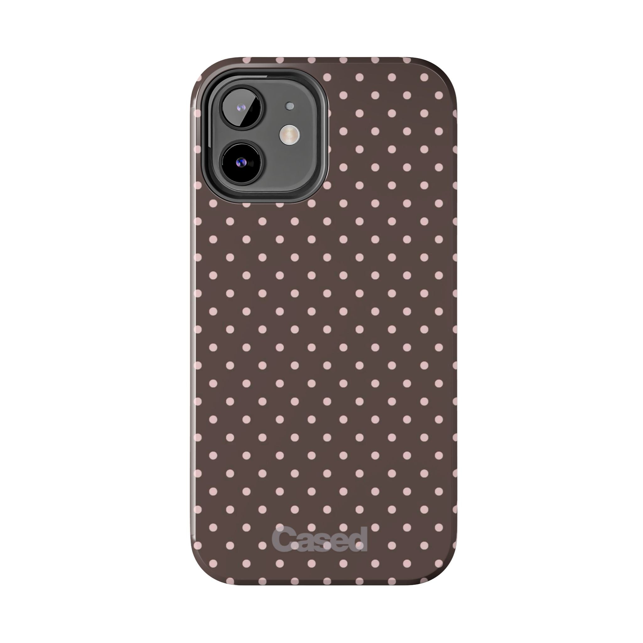 Tough Phone Case — Chocolate Brown with Pale Pink Polka Dots