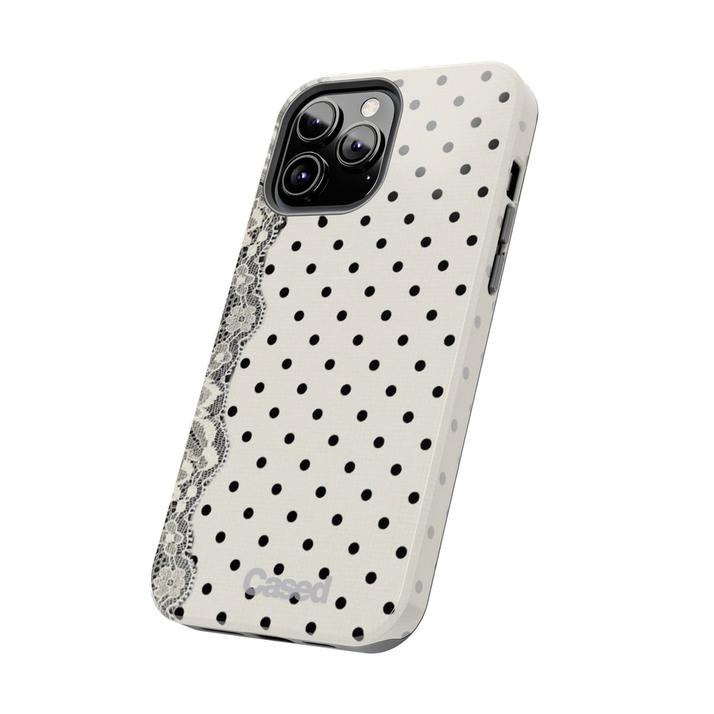 Polka Dot Lace Tough Phone Case – Vintage Black & Ivory Protective Cover