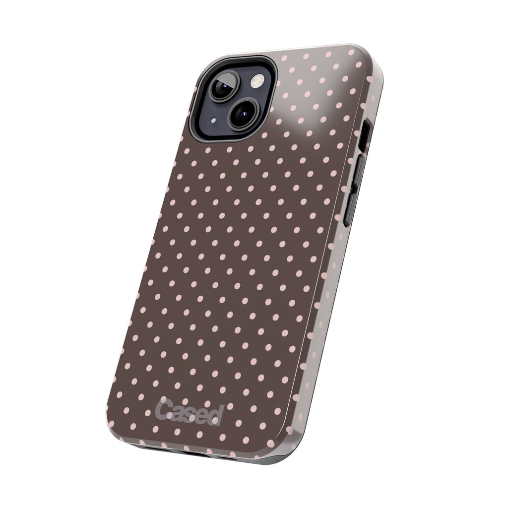 Tough Phone Case — Chocolate Brown with Pale Pink Polka Dots