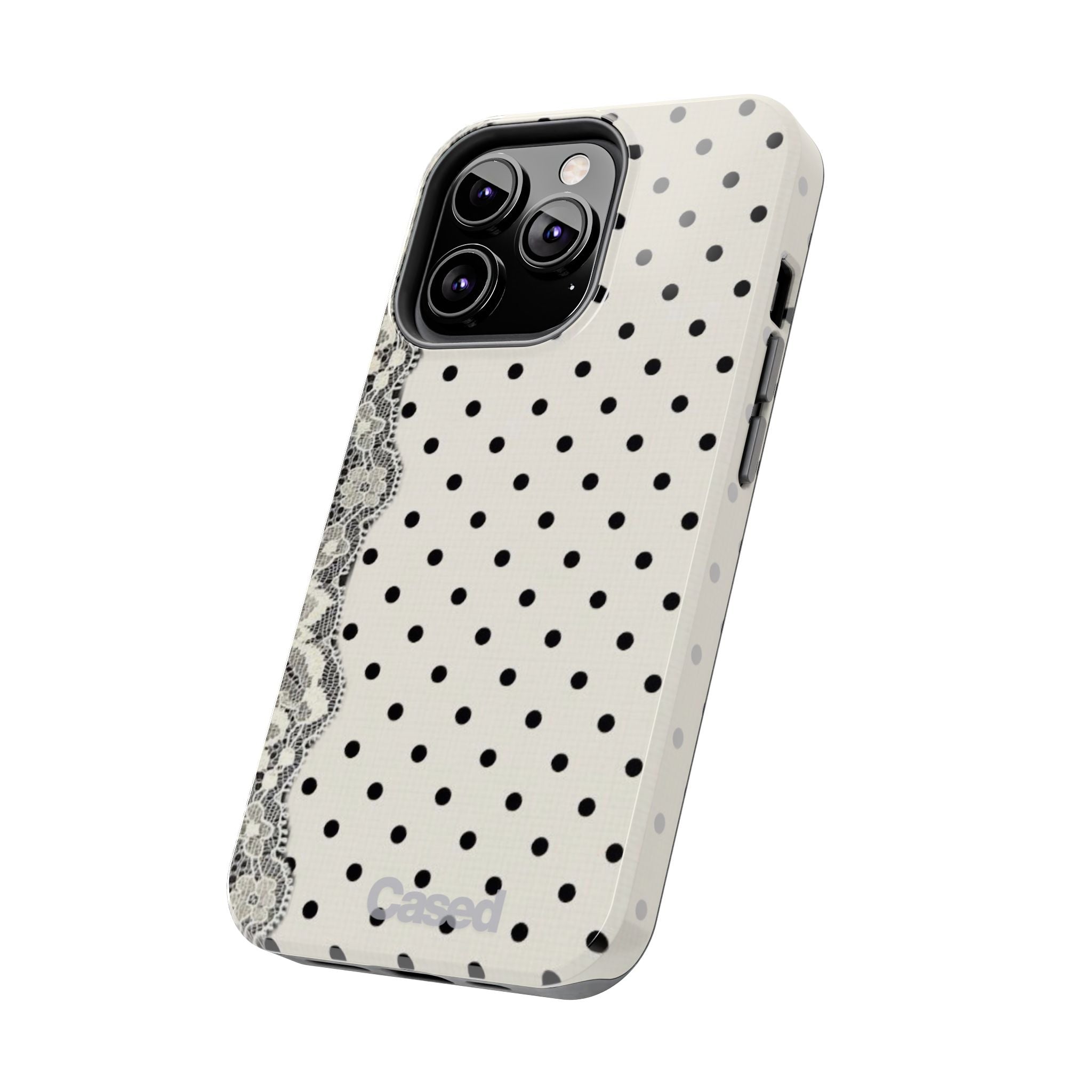 Polka Dot Lace Tough Phone Case – Vintage Black & Ivory Protective Cover