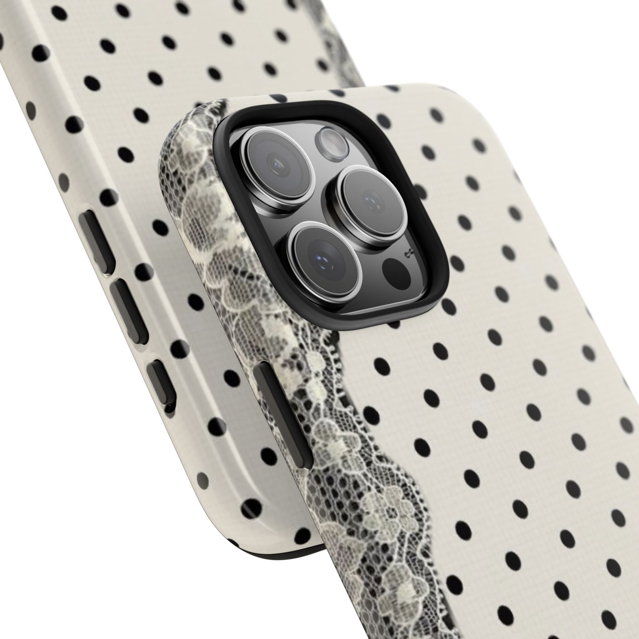 Polka Dot Lace Tough Phone Case – Vintage Black & Ivory Protective Cover
