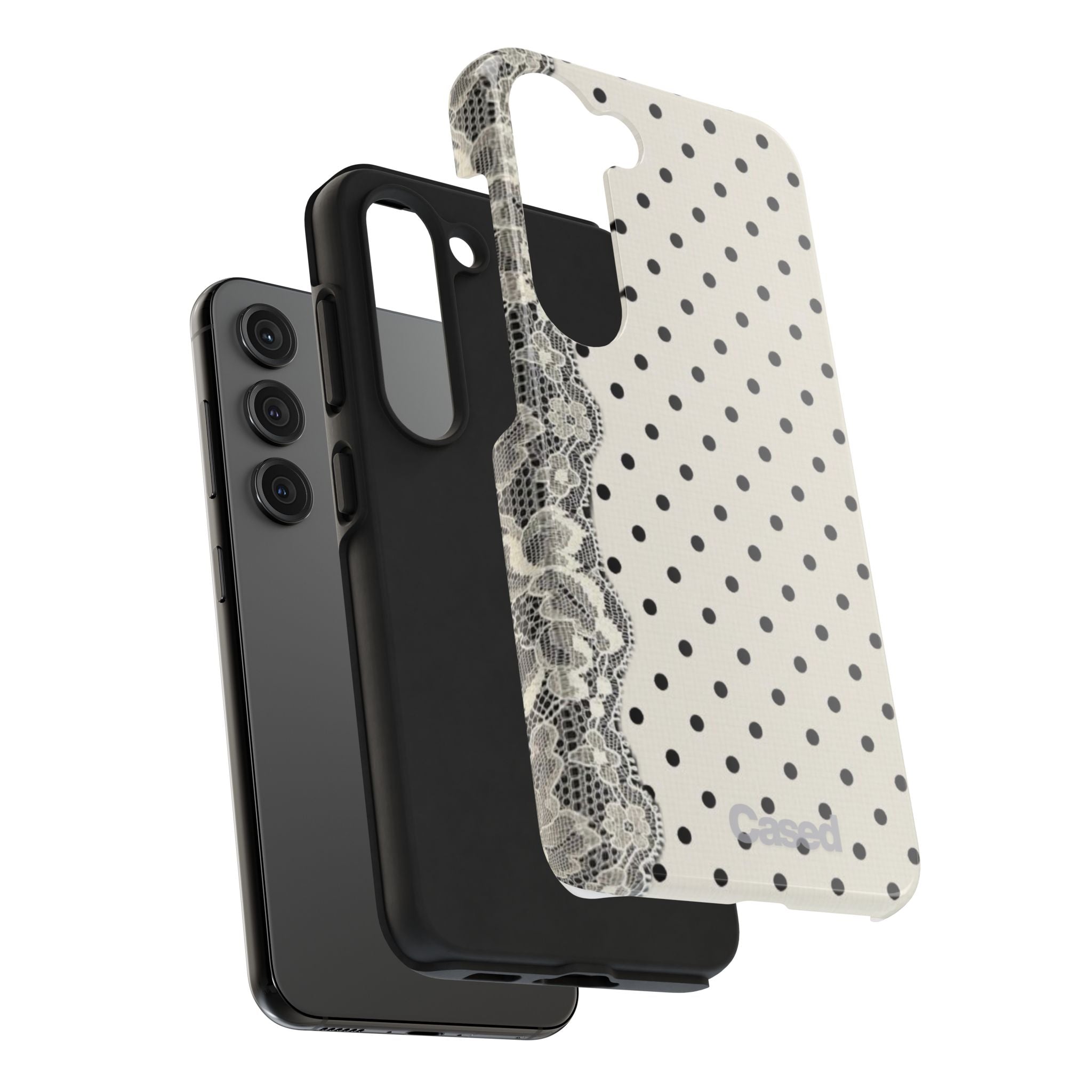 Polka Dot Lace Tough Phone Case – Vintage Black & Ivory Protective Cover