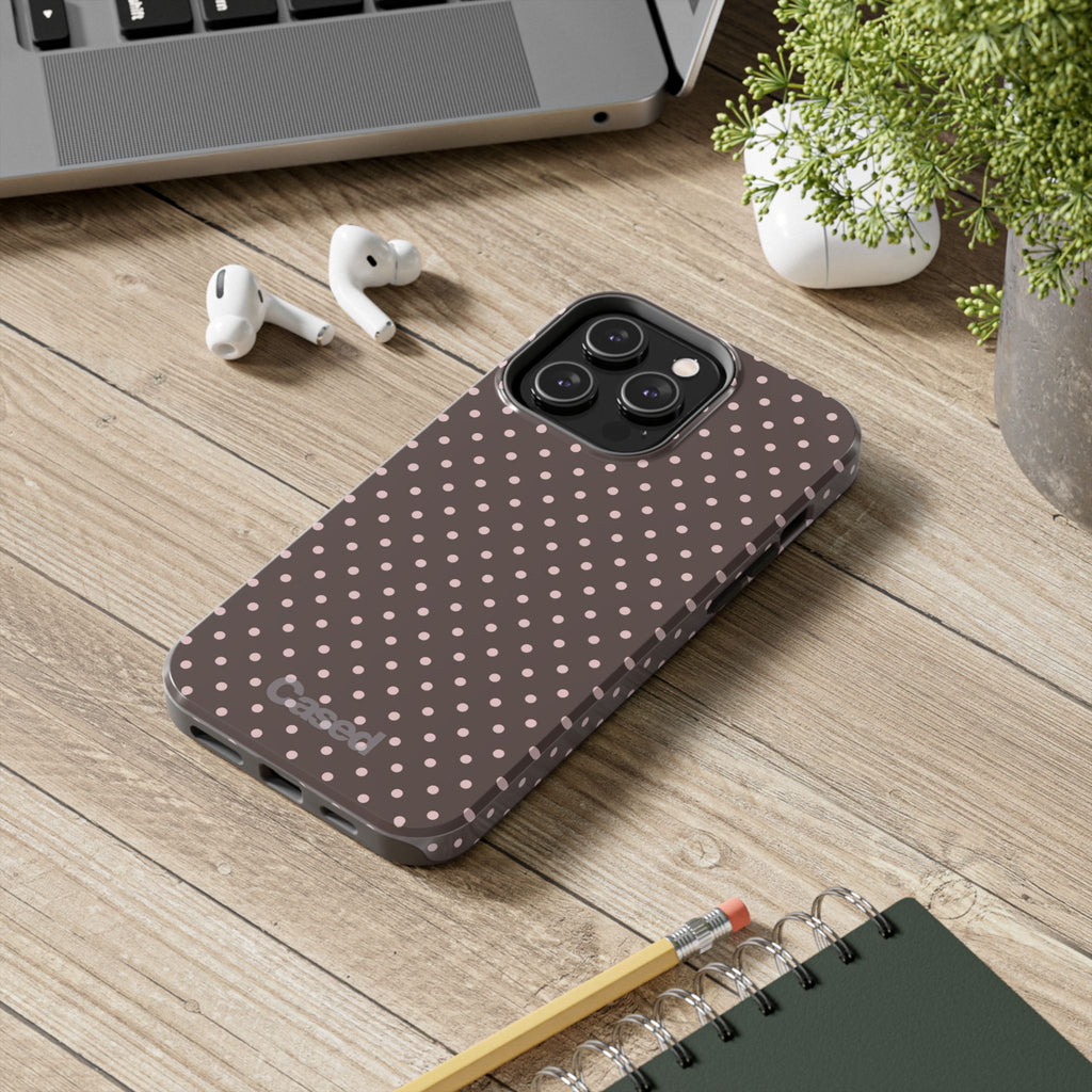 Tough Phone Case — Chocolate Brown with Pale Pink Polka Dots