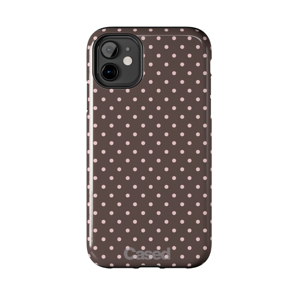 Tough Phone Case — Chocolate Brown with Pale Pink Polka Dots