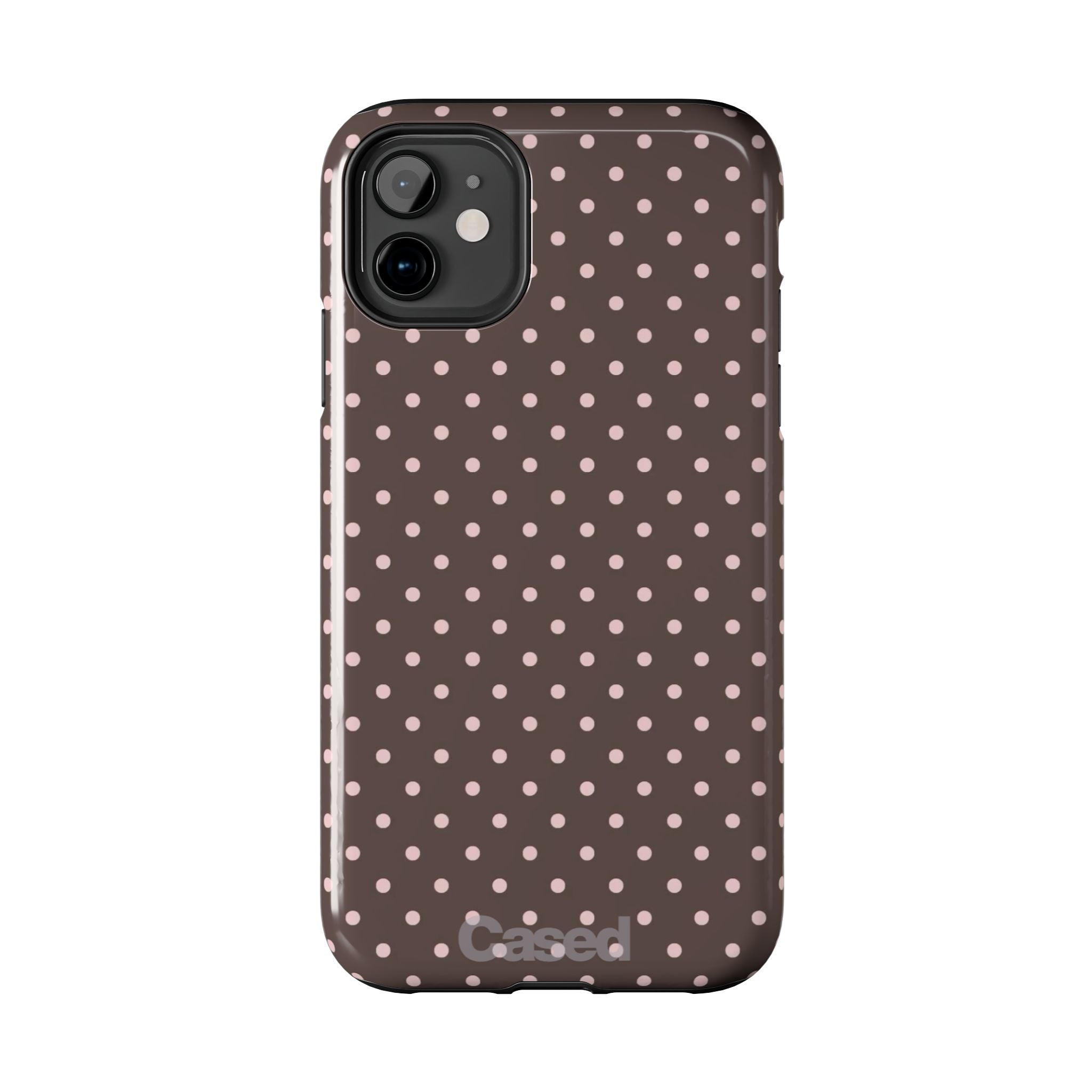 Tough Phone Case — Chocolate Brown with Pale Pink Polka Dots