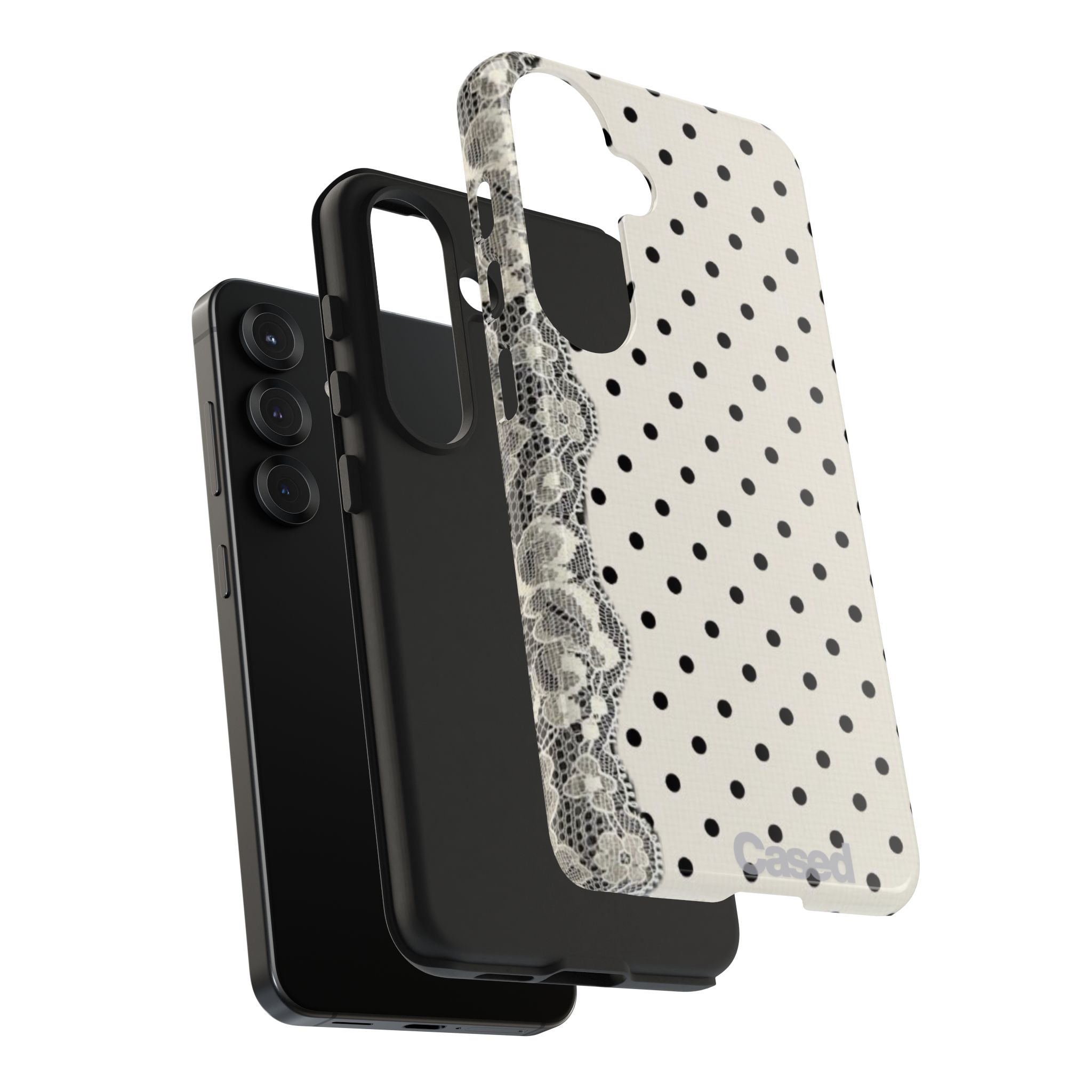 Polka Dot Lace Tough Phone Case – Vintage Black & Ivory Protective Cover