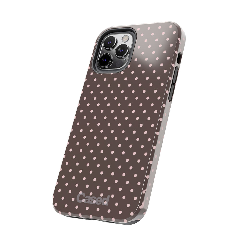 Tough Phone Case — Chocolate Brown with Pale Pink Polka Dots