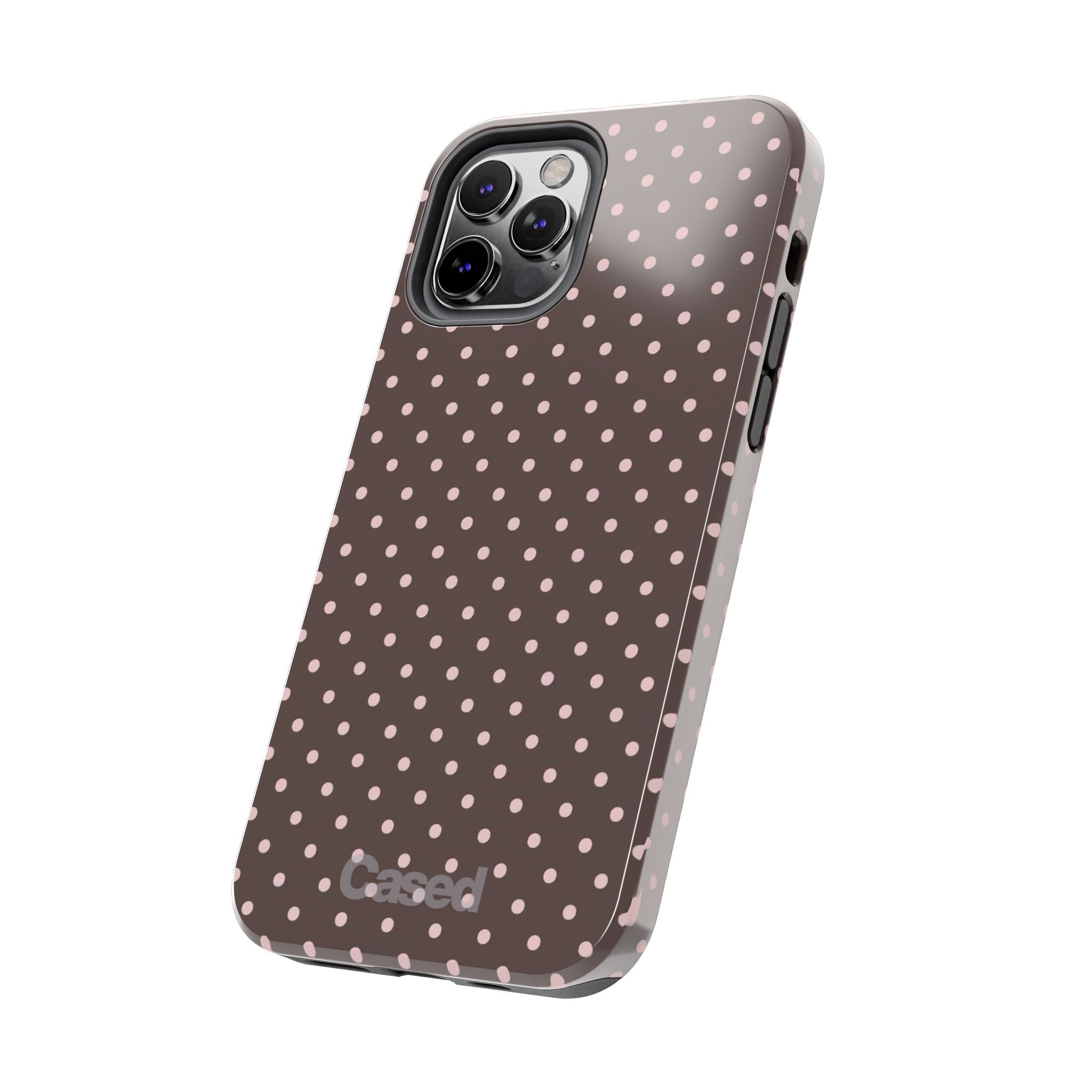 Tough Phone Case — Chocolate Brown with Pale Pink Polka Dots