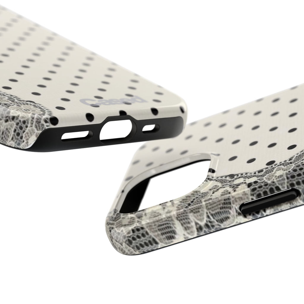 Polka Dot Lace Tough Phone Case – Vintage Black & Ivory Protective Cover