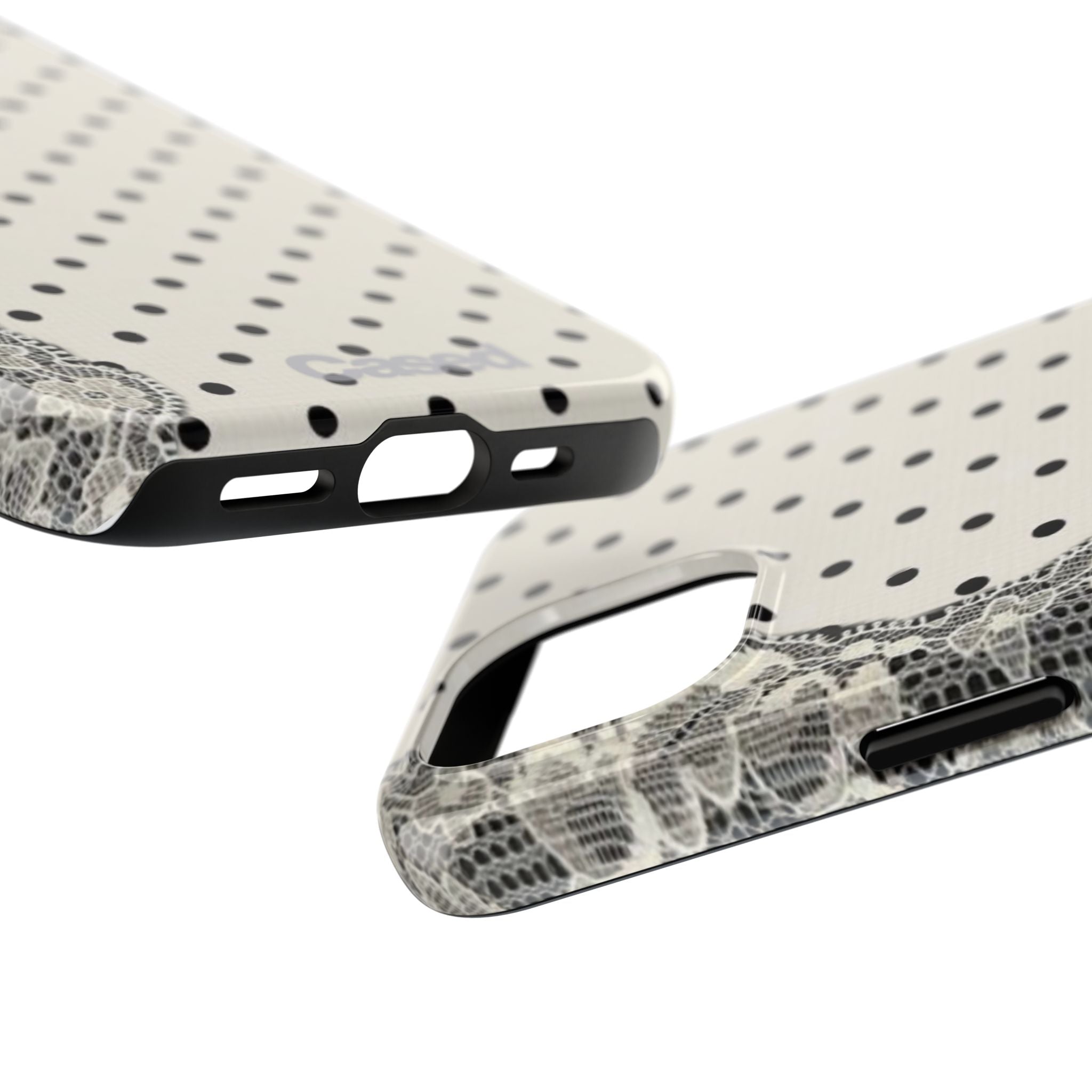 Polka Dot Lace Tough Phone Case – Vintage Black & Ivory Protective Cover