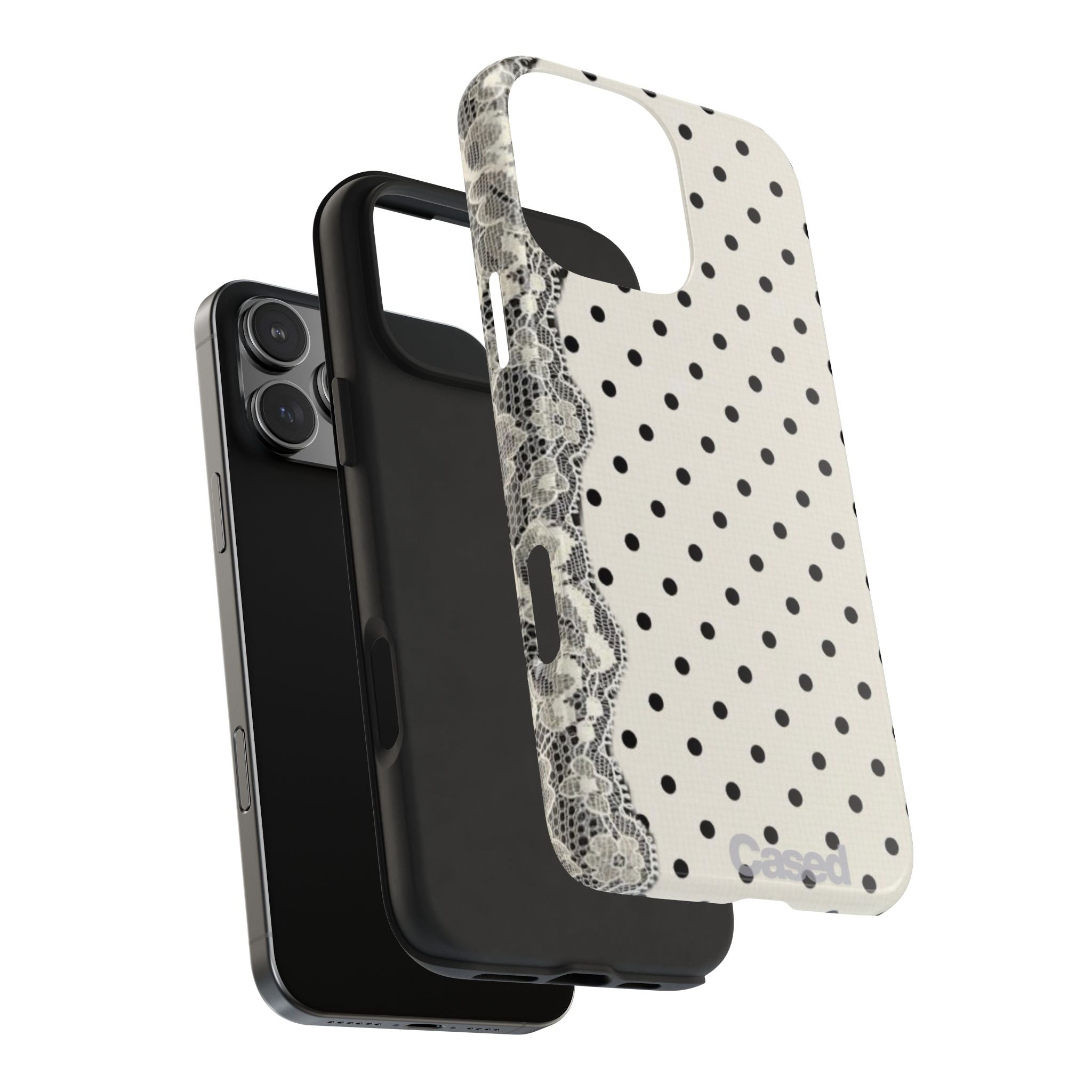 Polka Dot Lace Tough Phone Case – Vintage Black & Ivory Protective Cover