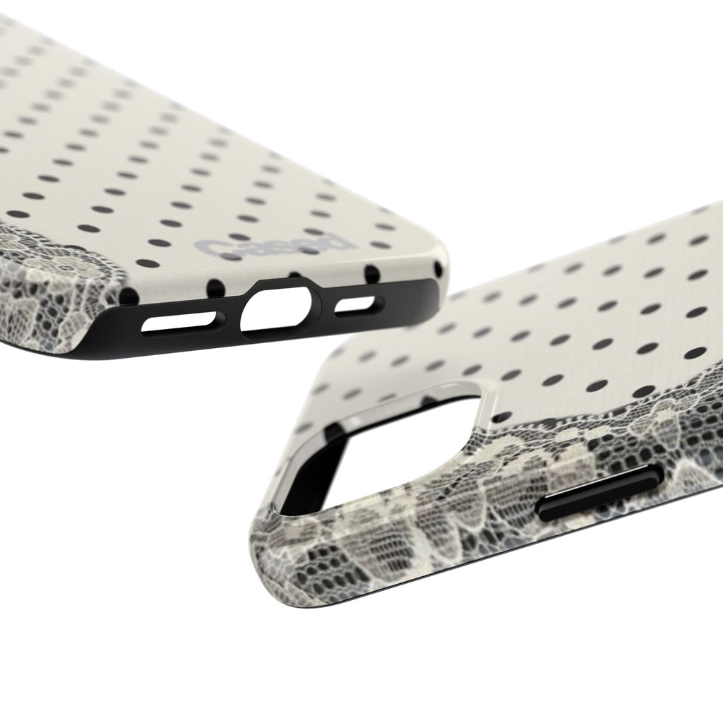 Polka Dot Lace Tough Phone Case – Vintage Black & Ivory Protective Cover