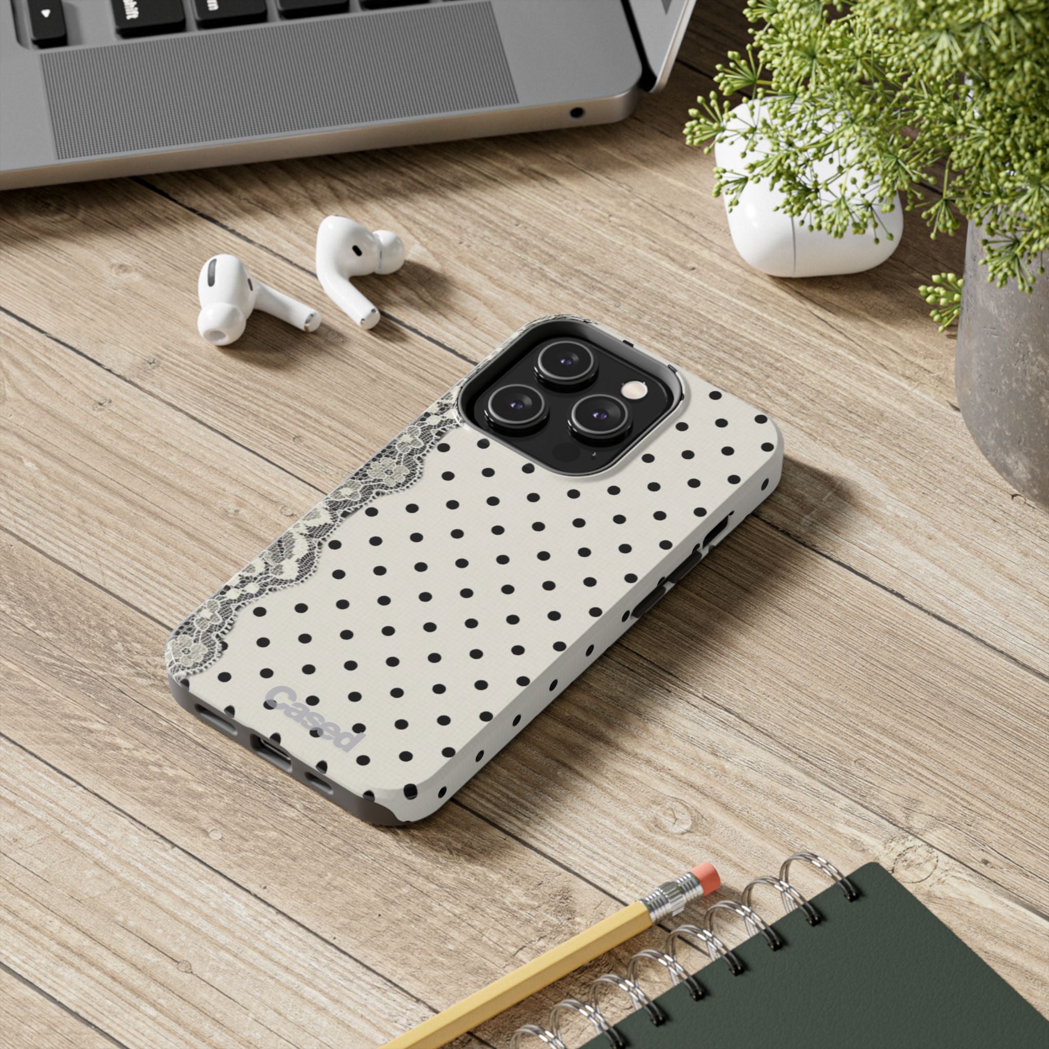 Polka Dot Lace Tough Phone Case – Vintage Black & Ivory Protective Cover