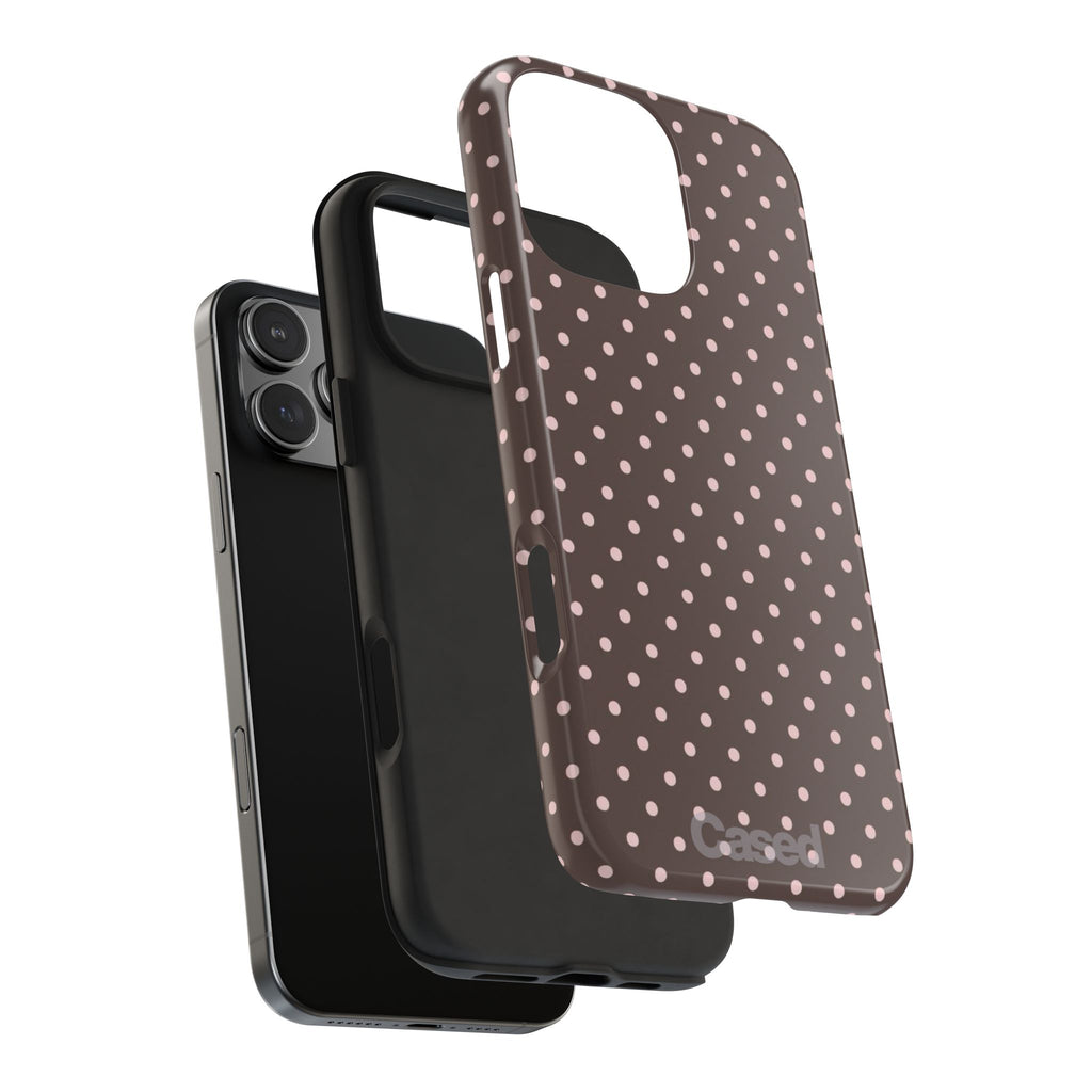 Tough Phone Case — Chocolate Brown with Pale Pink Polka Dots