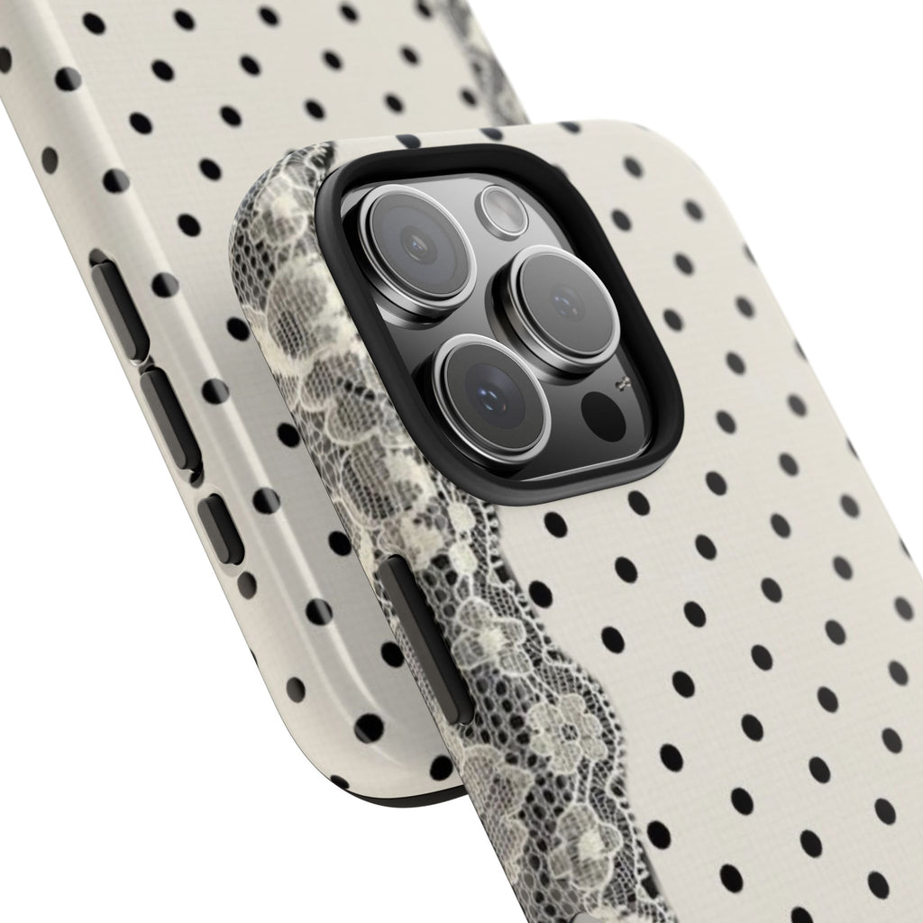 Polka Dot Lace Tough Phone Case – Vintage Black & Ivory Protective Cover