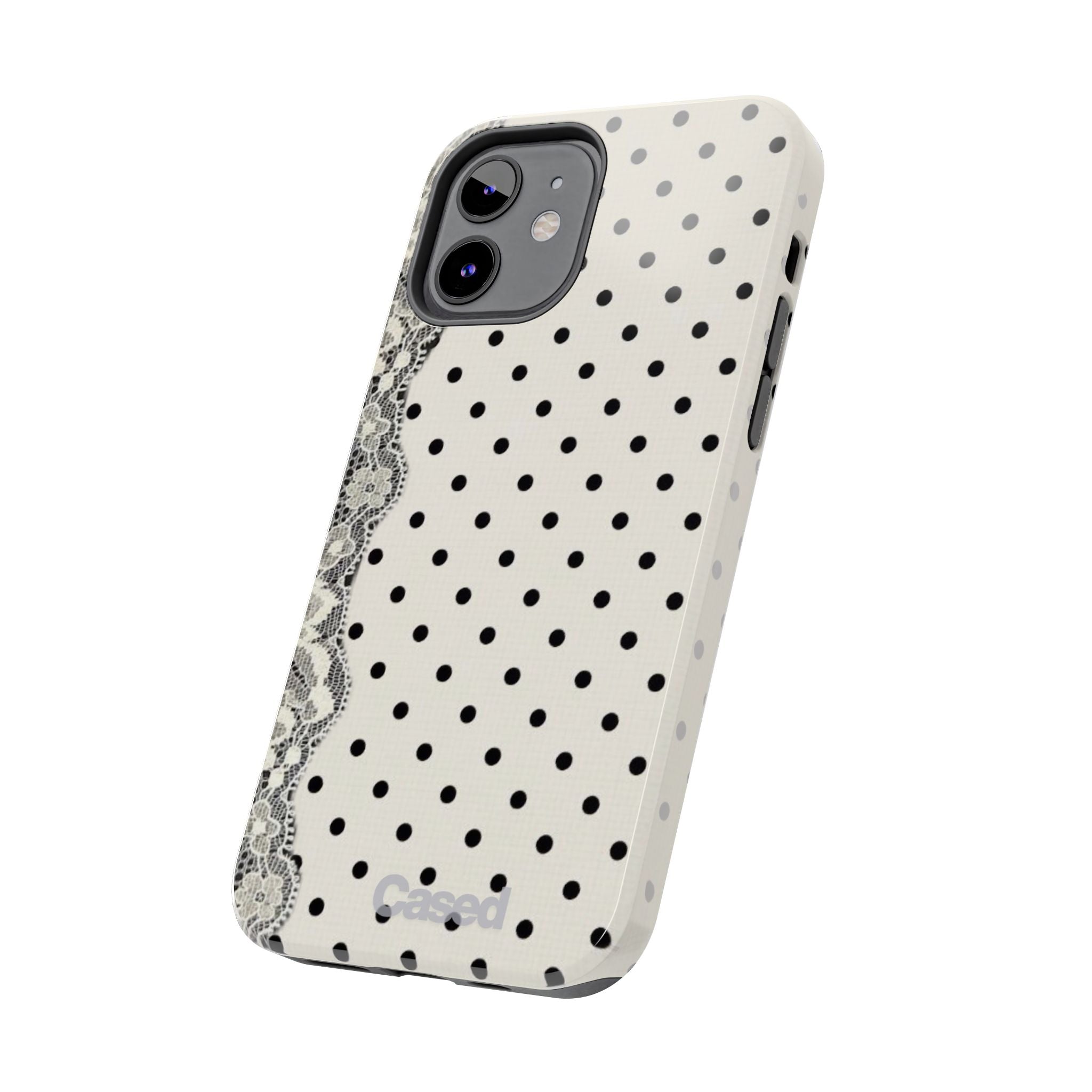 Polka Dot Lace Tough Phone Case – Vintage Black & Ivory Protective Cover