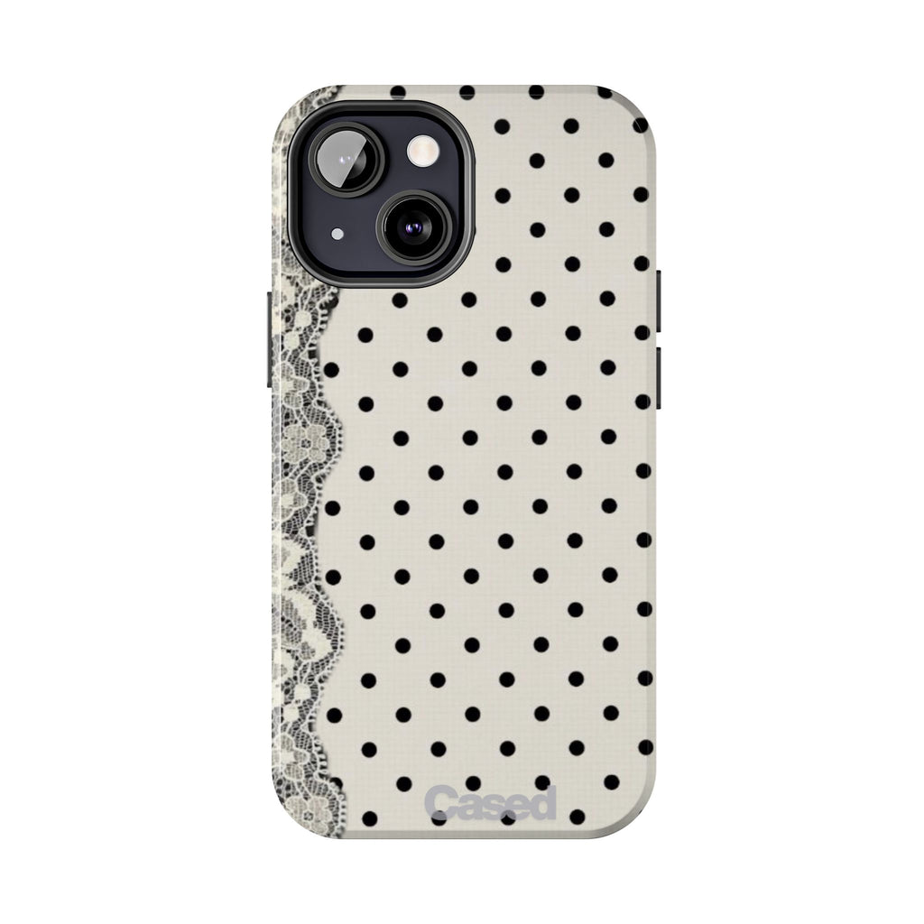 Polka Dot Lace Tough Phone Case – Vintage Black & Ivory Protective Cover
