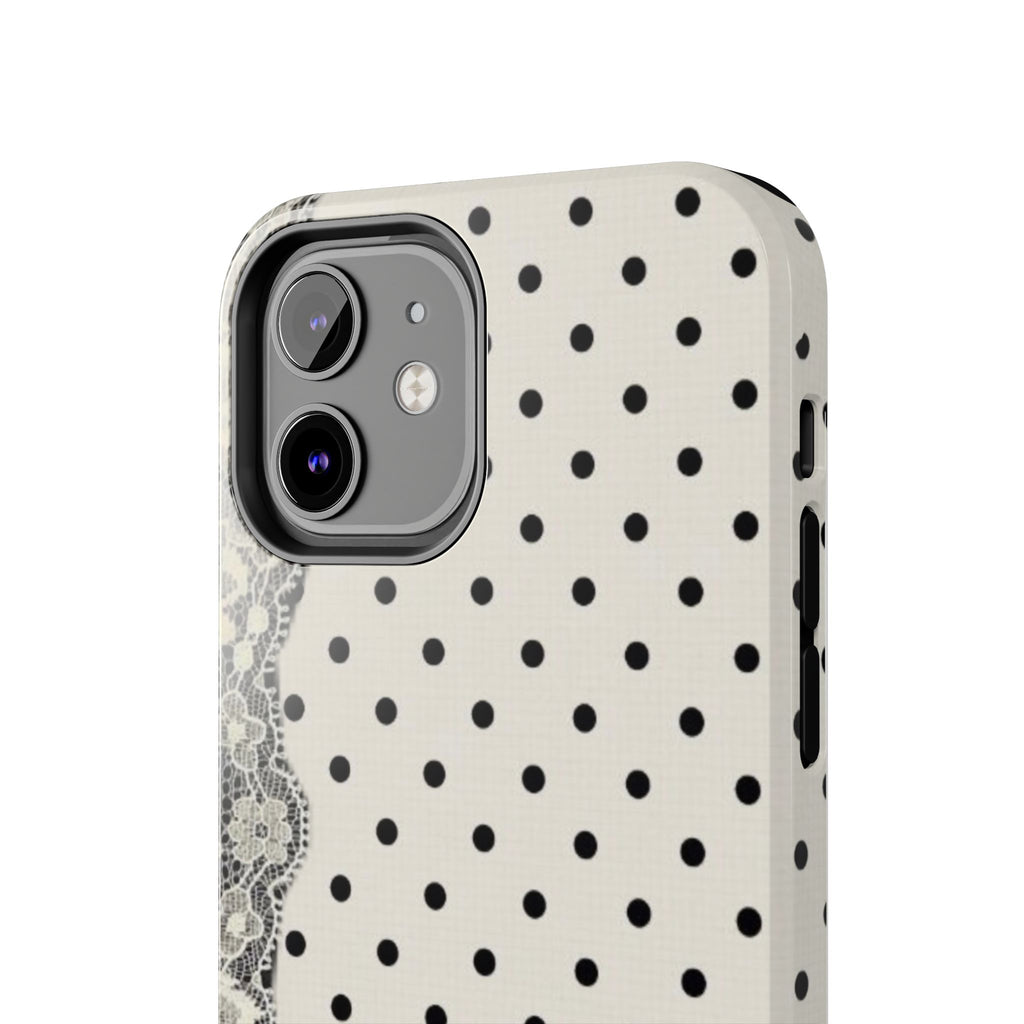 Polka Dot Lace Tough Phone Case – Vintage Black & Ivory Protective Cover