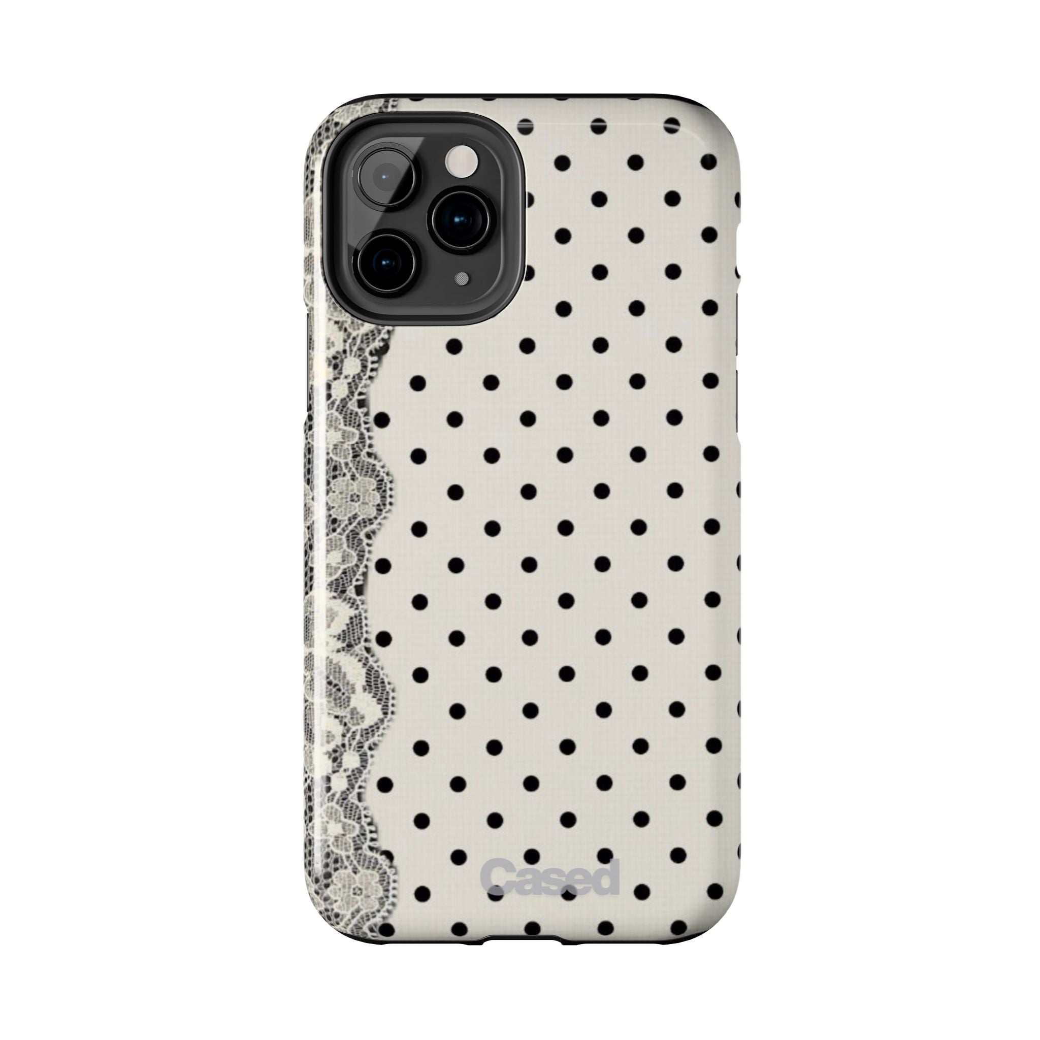 Polka Dot Lace Tough Phone Case – Vintage Black & Ivory Protective Cover