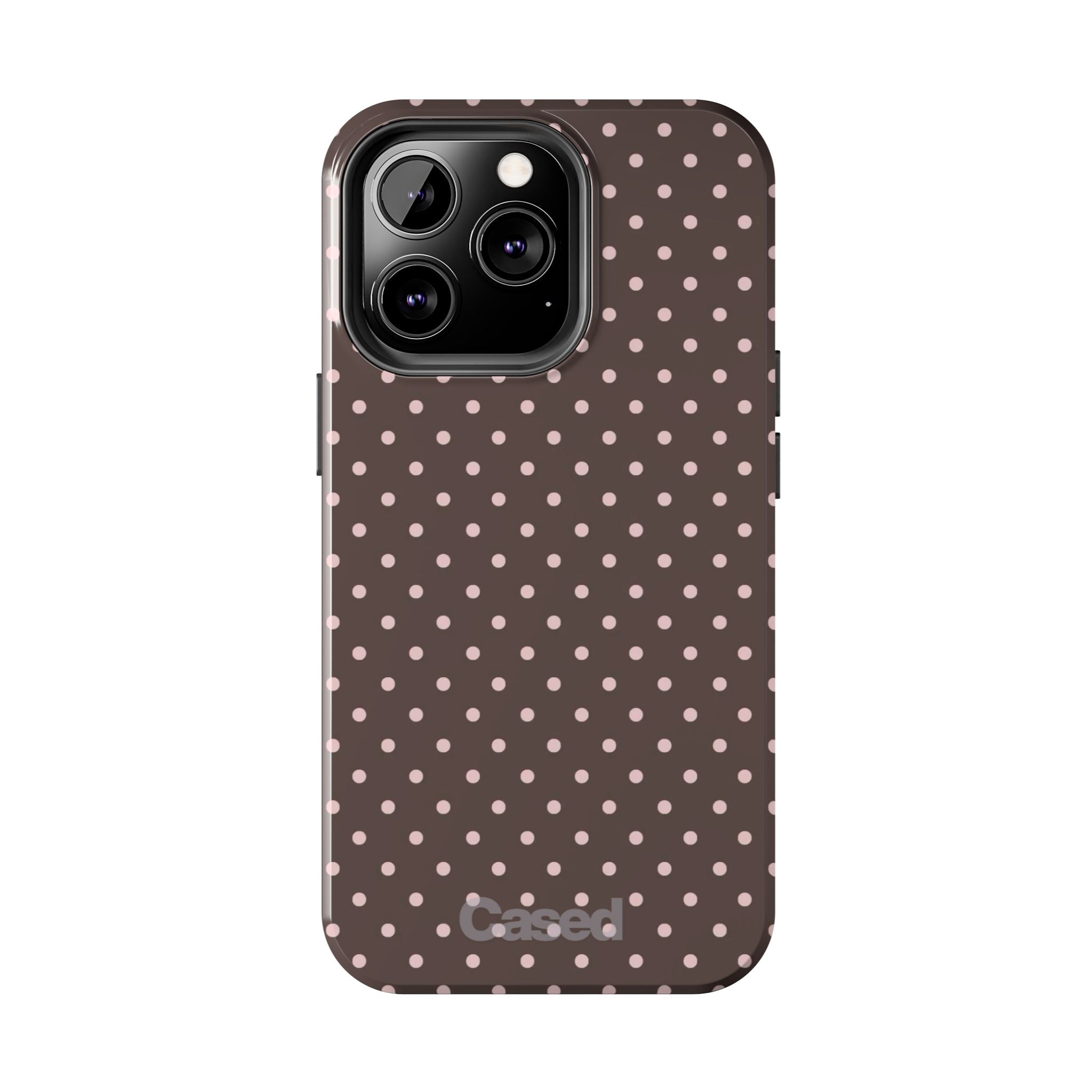 Tough Phone Case — Chocolate Brown with Pale Pink Polka Dots