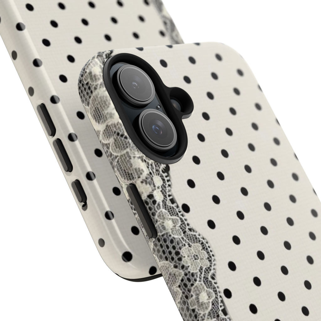 Polka Dot Lace Tough Phone Case – Vintage Black & Ivory Protective Cover